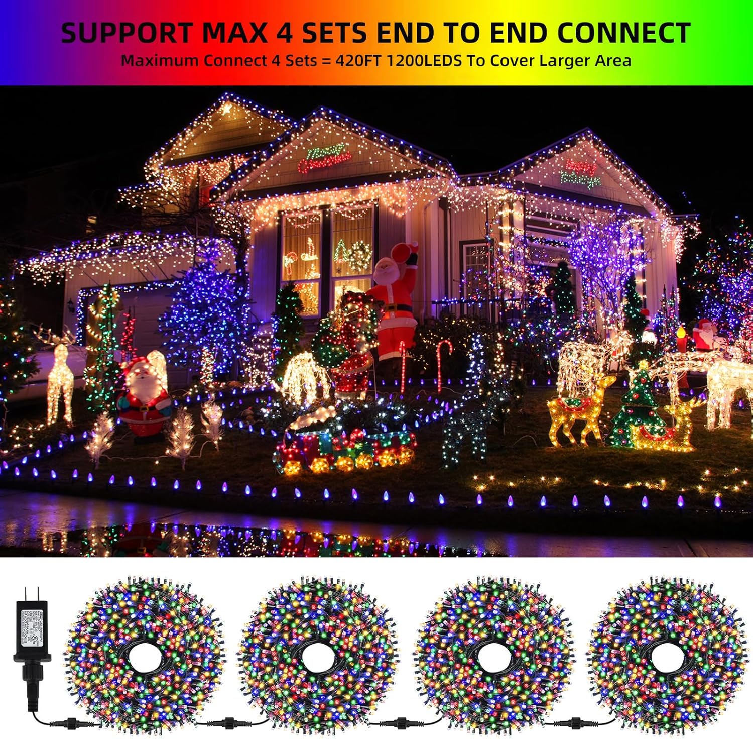 105FT 300LEDs Christmas Lights Outdoor Indoor String Lights 8 Modes Memory Function for Christmas Tree Party Decoration, 100% UL Listed (4 Sets CONNECTABLE) Multi-Color - Image 5