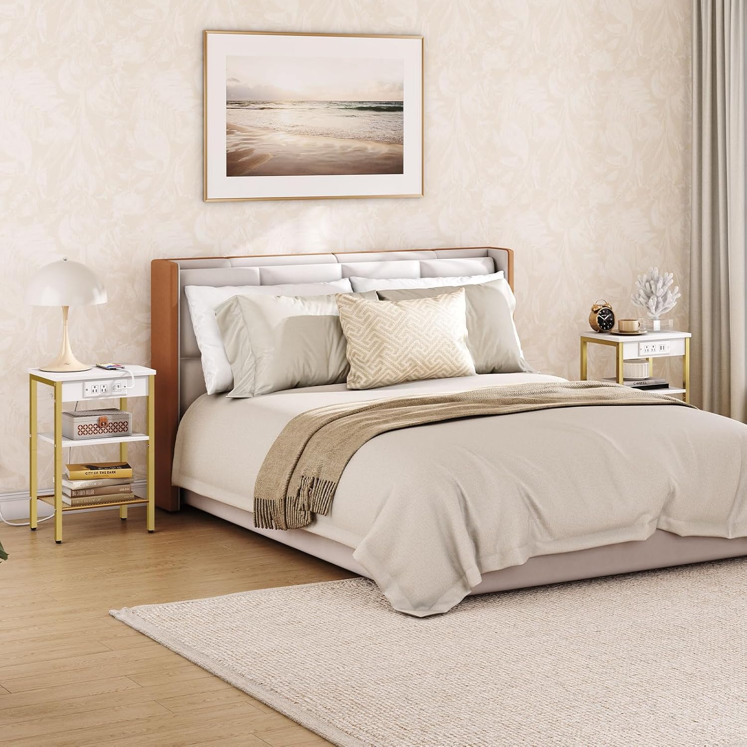 HOOBRO End Tables Set of 2 with Charging Station and USB Ports, 3-Tier Nightstands with Adjustable Shelves, Small Side Tables for Small Space in Living Room, Bedroom, White and Gold DW112BZP201G1 - Image 5