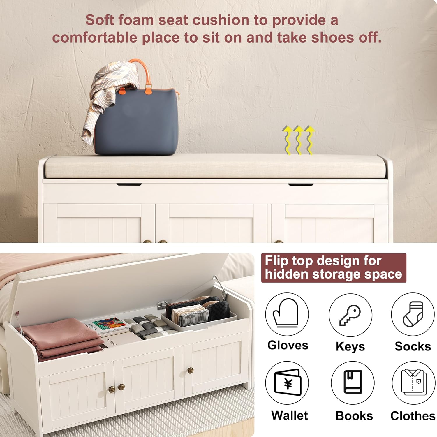 HOMEFORT 41.3" Shoe Bench with Lift Top Storage, Entryway Bench with Cushioned Seat, Wooden End of Bed Bench, Shoe Cabinet Bench with Hidden Storage Space, for Bedroom, Hallway,White - Image 5