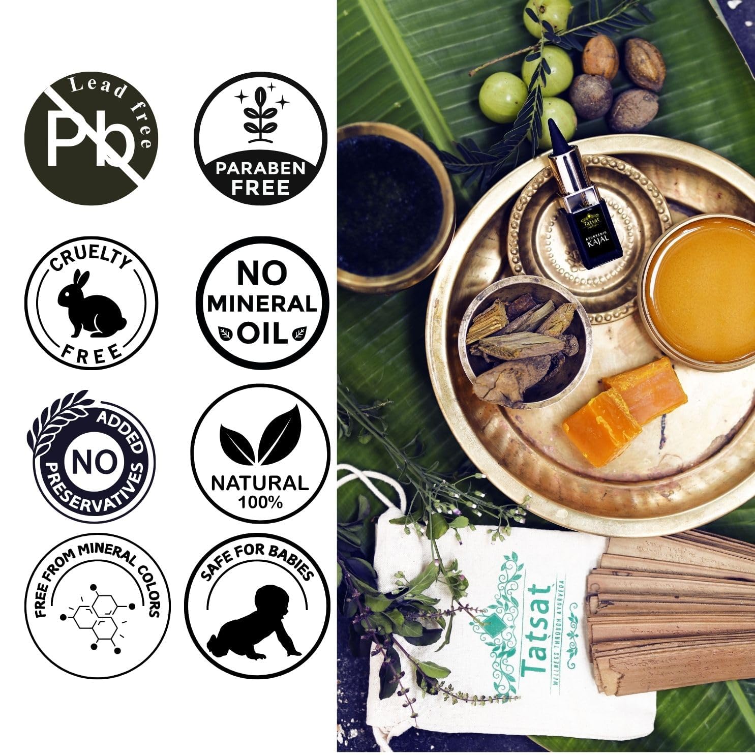 TATSAT - WELLNESS THROUGH AYURVEDA Kajal With Pure Herbs, Medicated Soot And Desi Cow Ghee|Safe For Babies|Lab Tested|No Preservatives, Black, Matte Finish (1 Count (Pack of 1)) - Image 5