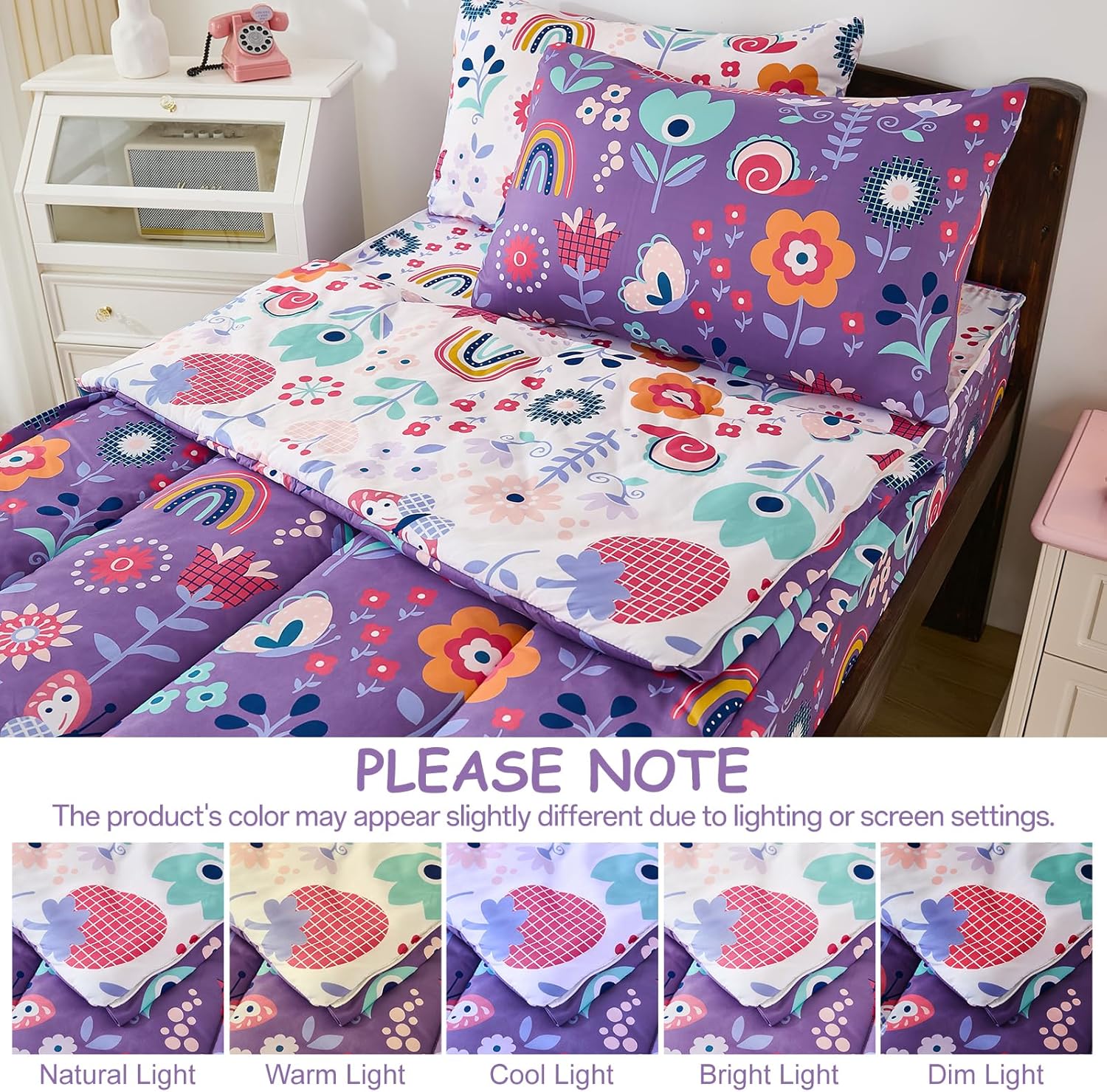 DJY Zipper Bedding Set Full, Purple Floral Bedding Sets for Girls, Kids Comforter Set with Fitted Sheet Pillowcases, All in One Zipper Bed Set for All Seasons - Image 9
