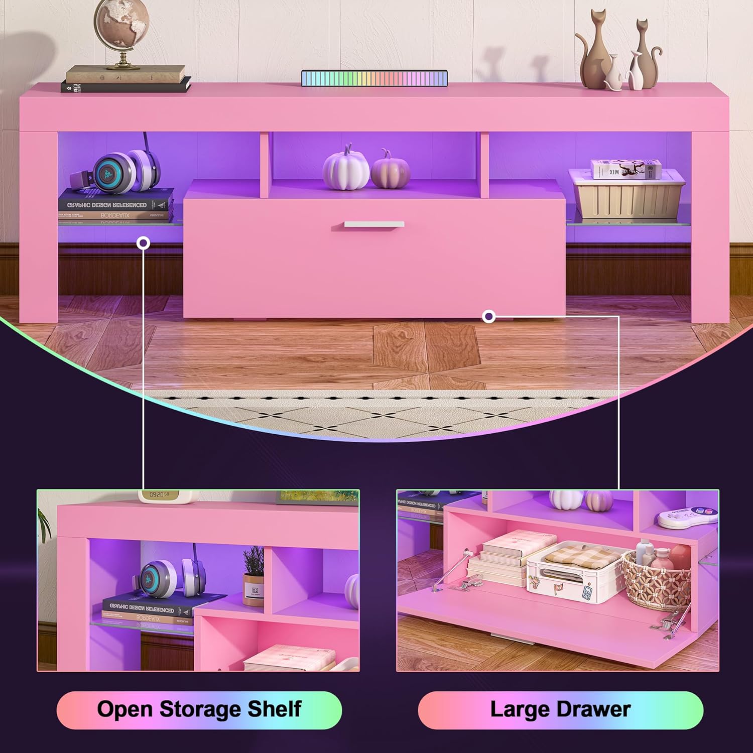 Clikuutory Modern Lighting 51 inch TV Stand with Large Storage Drawer for 32 40 50 55 Inch TVs, TV Console with 20 Color LED Lights, Entertainment Center Media and Open Shelf for Bedroom, Pink - Image 4