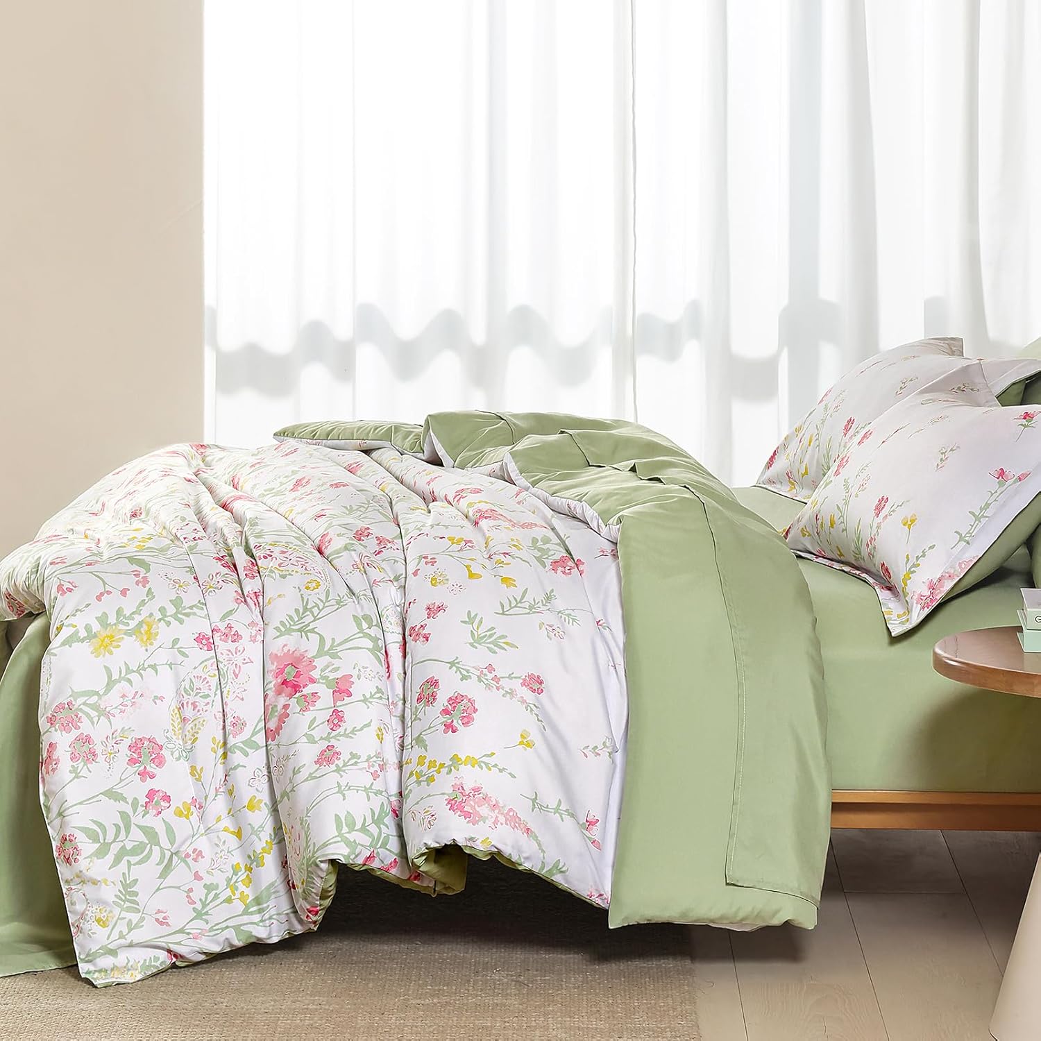 Yiran 7 Piece Pink Green Floral Comforter Set Queen Size, Cute Watercolour Botanical Comforter Bedding Set, Bed in a Bag Queen, Soft Microfiber Complete Bedding Set with Sheets for All Season - Image 6