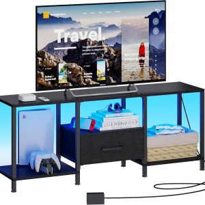 TV Stand with LED Lights, Entertainment Center with Open Shelves and Fabric Drawer, Media Console for 55 Inch TV, Television Stands for Living Room, Bedroom, Black