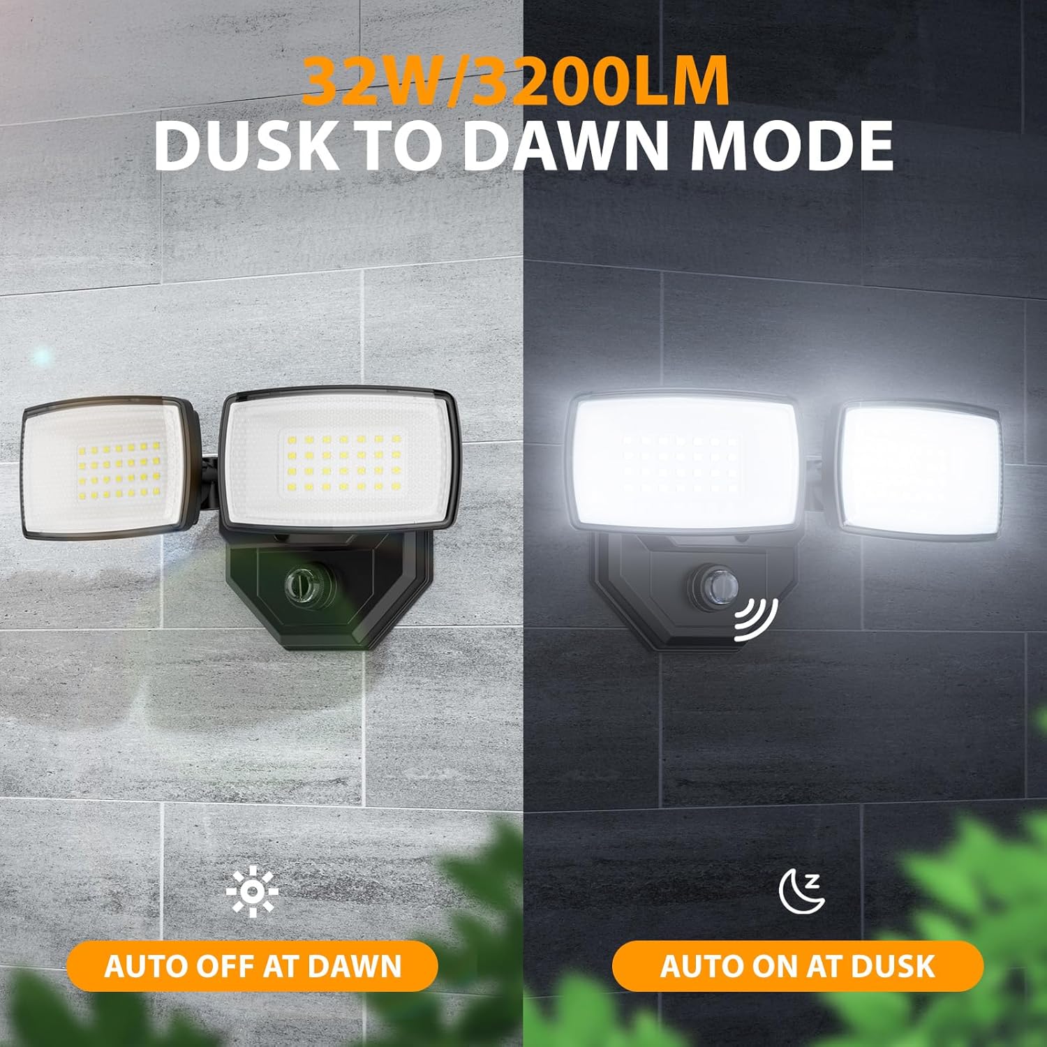 Onforu 32w 3200LM Dusk to Dawn Outdoor Lighting,6500K Dual-Head Flood Light Outdoor with Photocell,IP66 Waterproof Security Lights,Exterior Daylight Off and Night On Black Wall Light for Patio Garden - Image 3