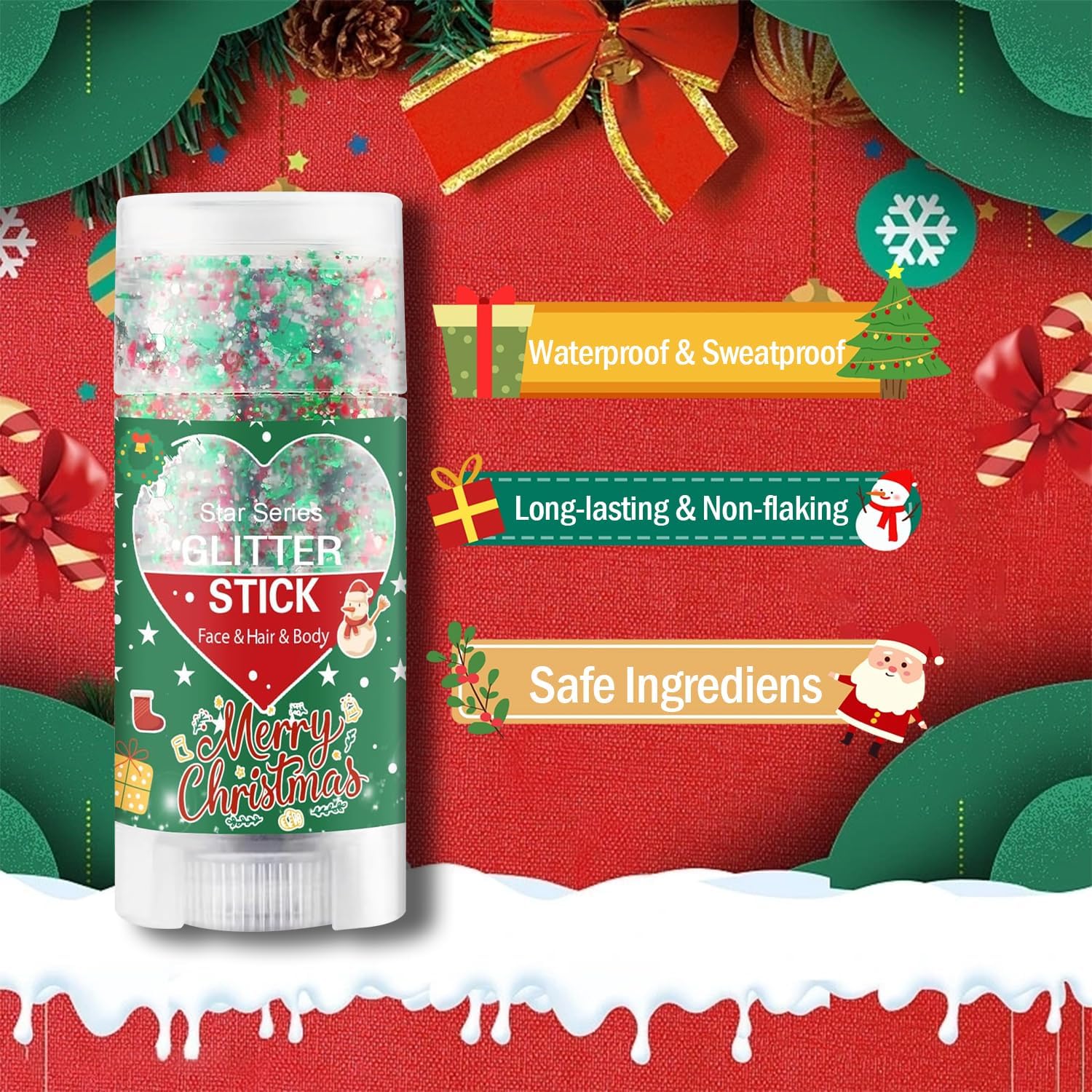 Christmas Body Glitter Stick, Red Green and White Face Glitter Accessories, Waterproof Face Hair Glitter Makeup, Christmas Glitter Makeup for Kids and Women - Image 2
