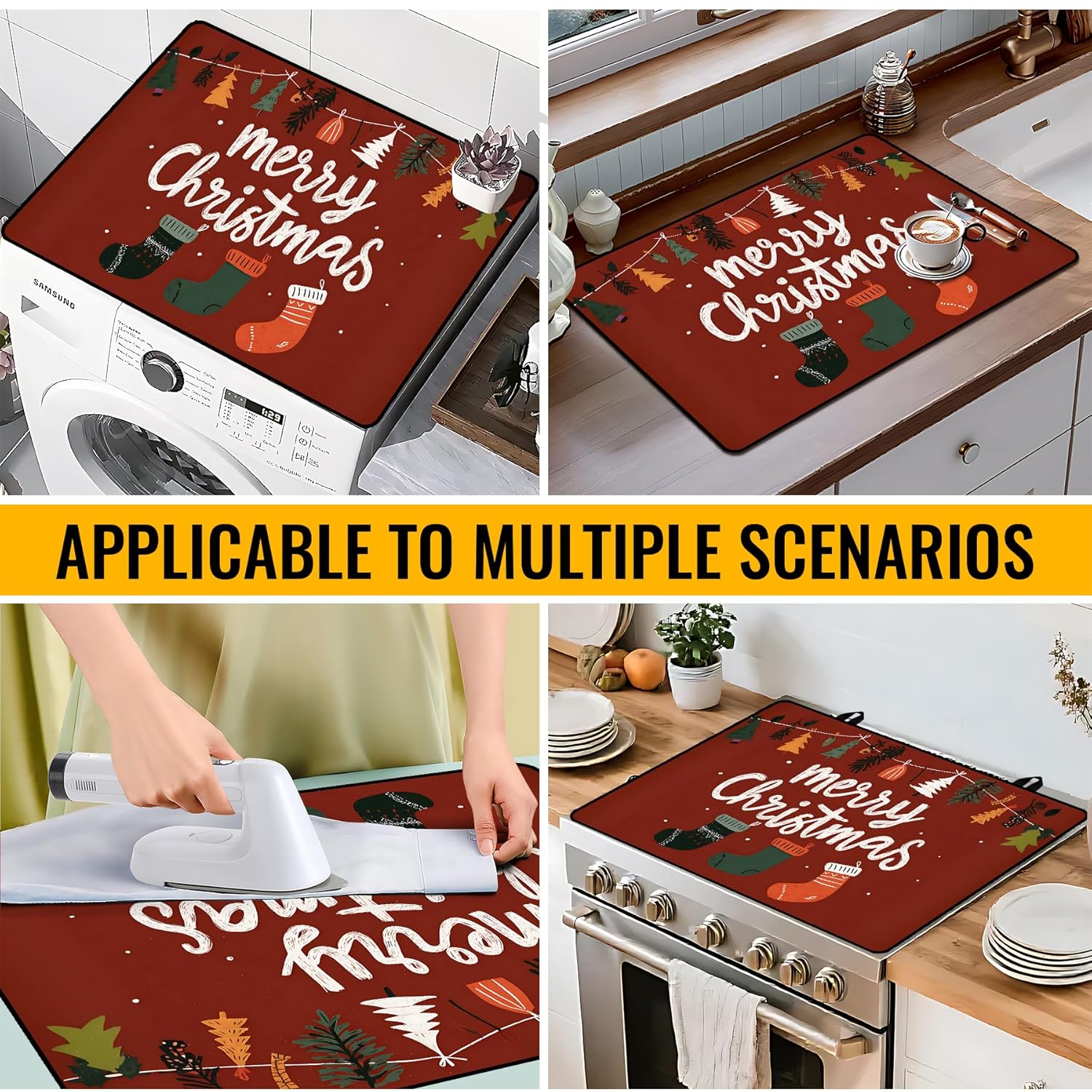 NYZE Stove Cover for Electric and Glass Stove Tops 3-in-1 Stove Mat, Heat Resistant Counter Protector Mat, Non-Slip Surface & Drying Rack (Merry Christmas, 28.5"Lx20.5"W) - Image 7