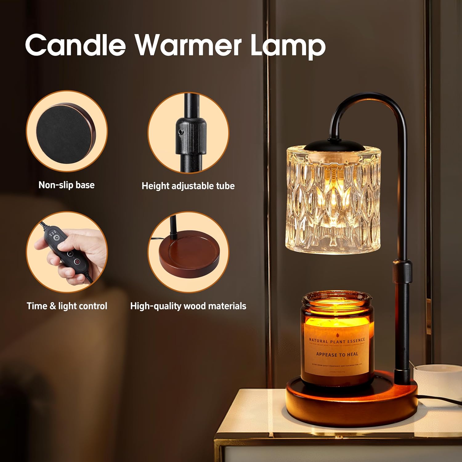 Briever Dimmable Candle Warmer Lamp with Timer, Height Adjustable Electric Candle Wax Warmer, Christmas Birthday Gifts for Women Mom, House Warming Gifts New Home Room Decor, Walnut Solid Wood Base - Image 2