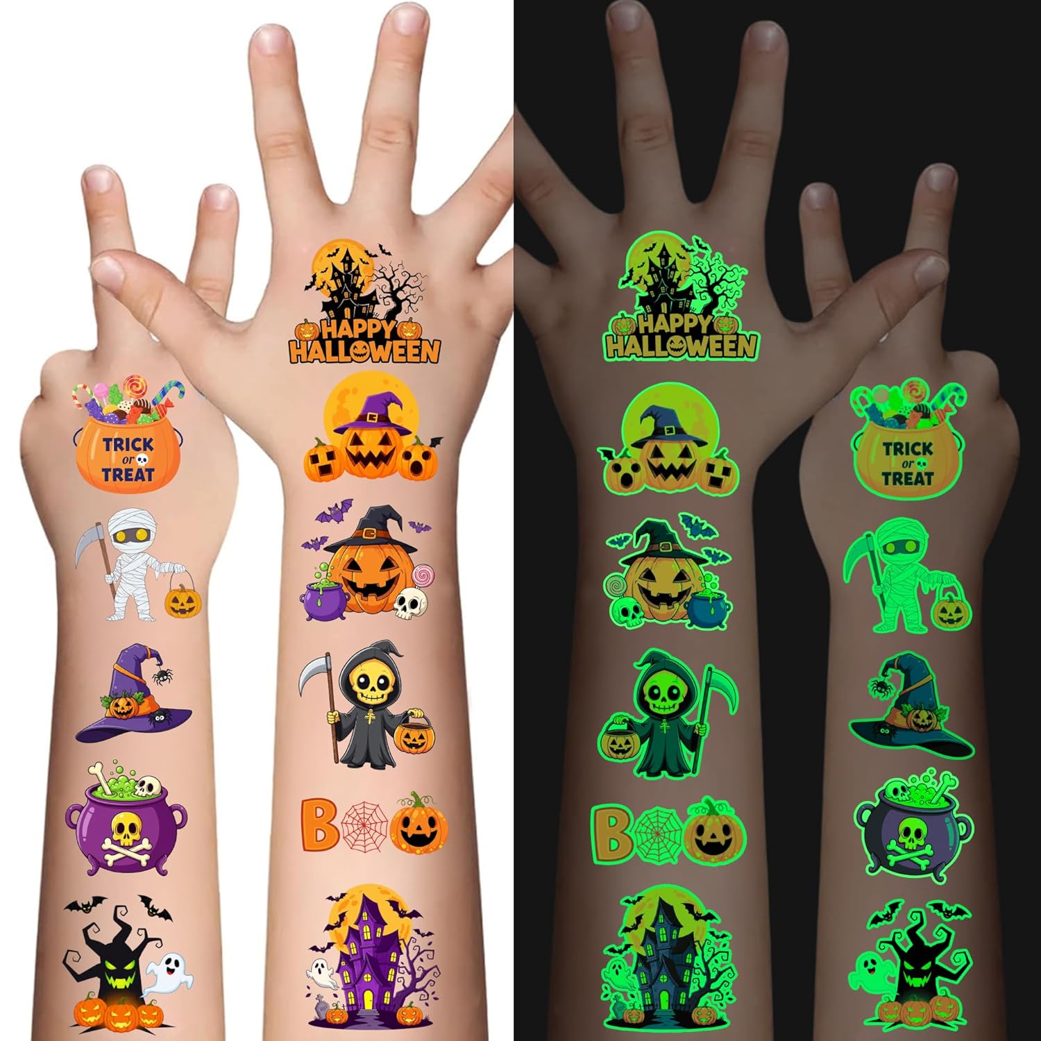 Luminous Halloween Temporary Tattoos for Kids - 50 Pieces Halloween Glow In The Dark Tattoos for Boys and Girls,Bulk Halloween Prizes Treat or Trick Party Favor Goody Bag Stuffers