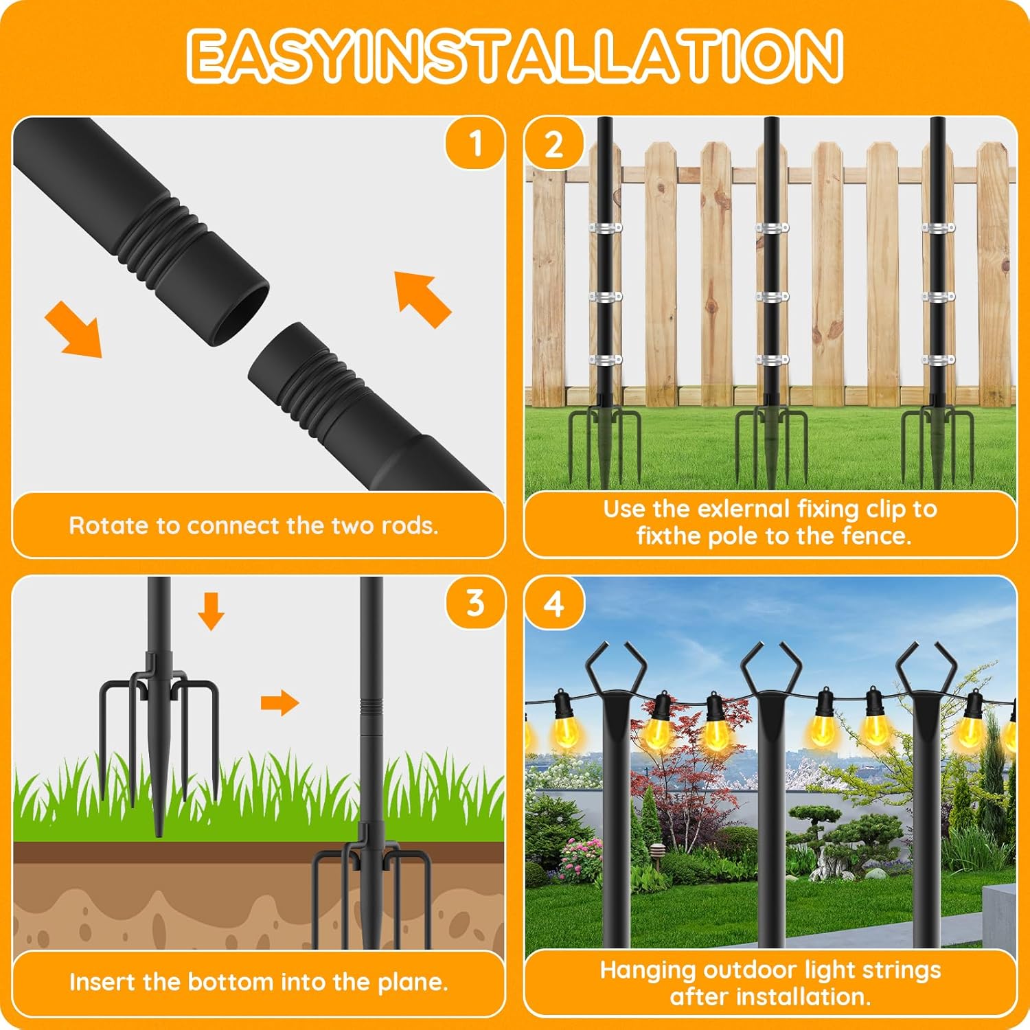 6 Pack String Light Poles, Outdoor String Light Pole 10 ft Forked Metal Light Pole with Adjustable Outdoor Light Stand, Deck, Backyard, Garden, Wedding, Rustproof and Sturdy with Hooks. - Image 6