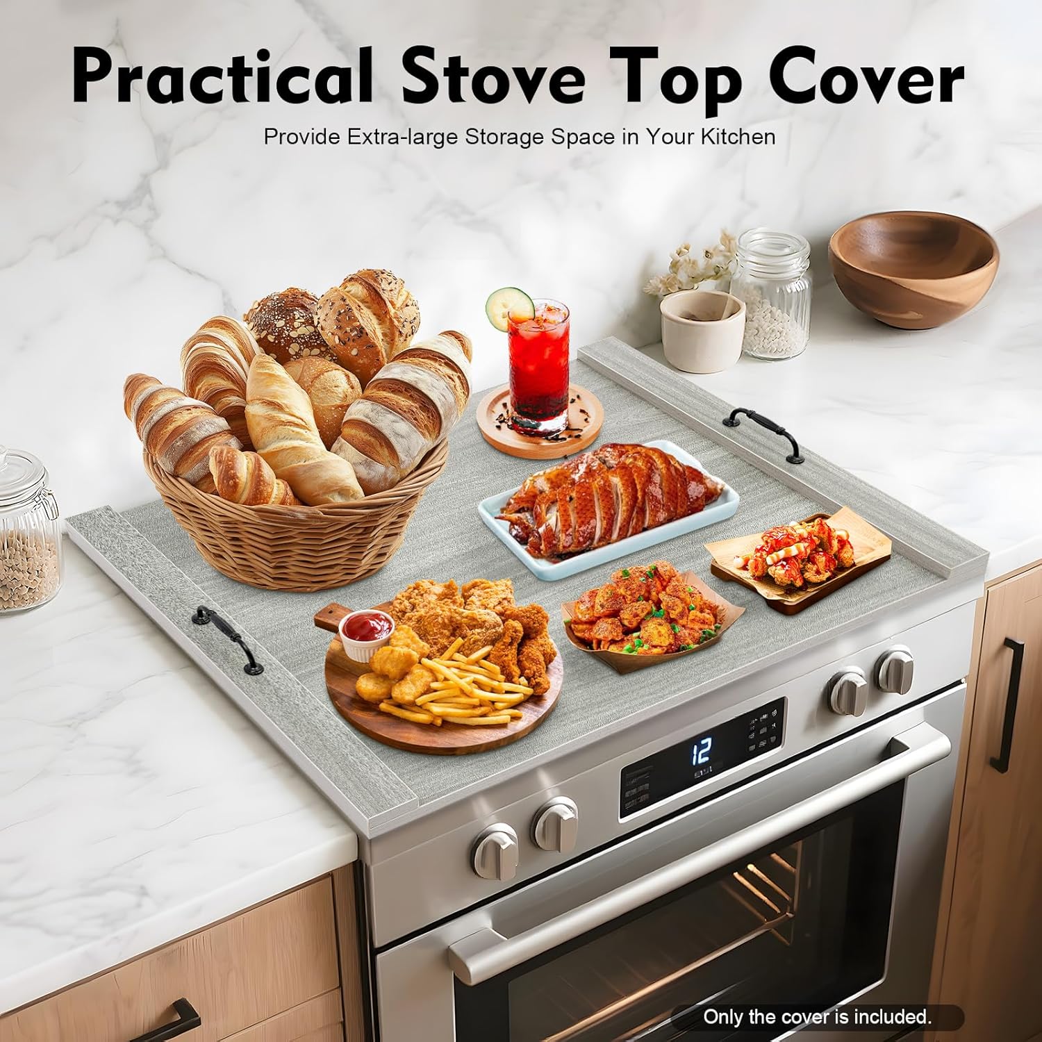Wooden Stove Top Cover Noodle Board Stove Cover For Gas Stove, Rv Stove Top Cover Kitchen Sink Cover Board For Counter Space, 30 * 22in, Grey - Image 2