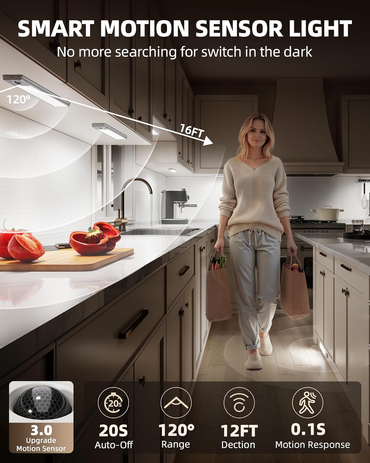 EZVALO 5 Pack Under Cabinet Lighting, 3200mAh Rechargeable Motion Sensor Light, 12inch Magnetic Closet Lights with Dimmable & 3 Color Temps, Wireless Motion Activated Lights with Remote for Kitchen - Image 3