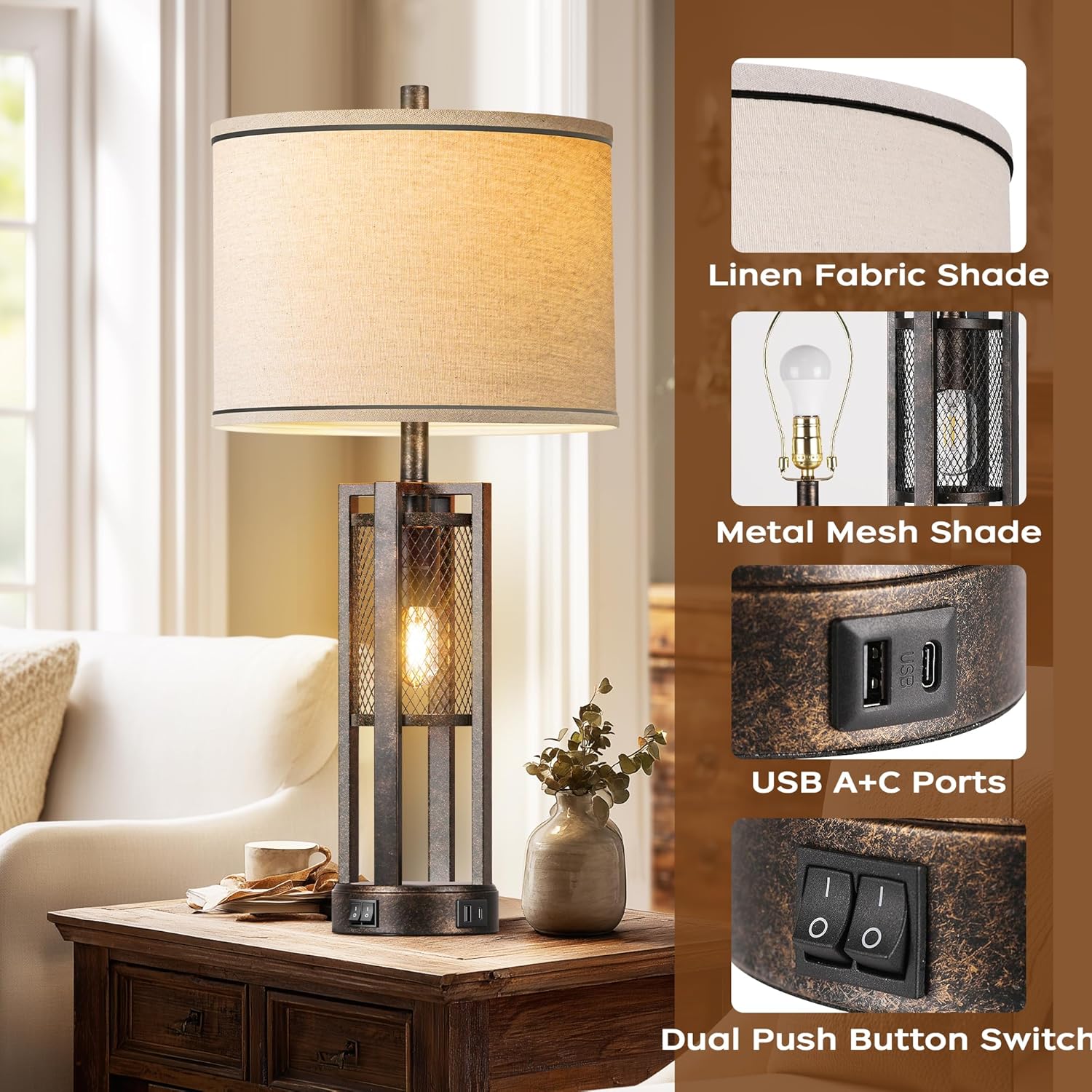 28'' Farmhouse Industrial Table Lamp Set of 2 - Rustic Bedside Nightstand Lamps with Dual USB A+C Ports, Bronze Metal Mesh Nightlight Desk Lamps for Bedroom Living Room, 4 LED Bulbs Included - Image 4