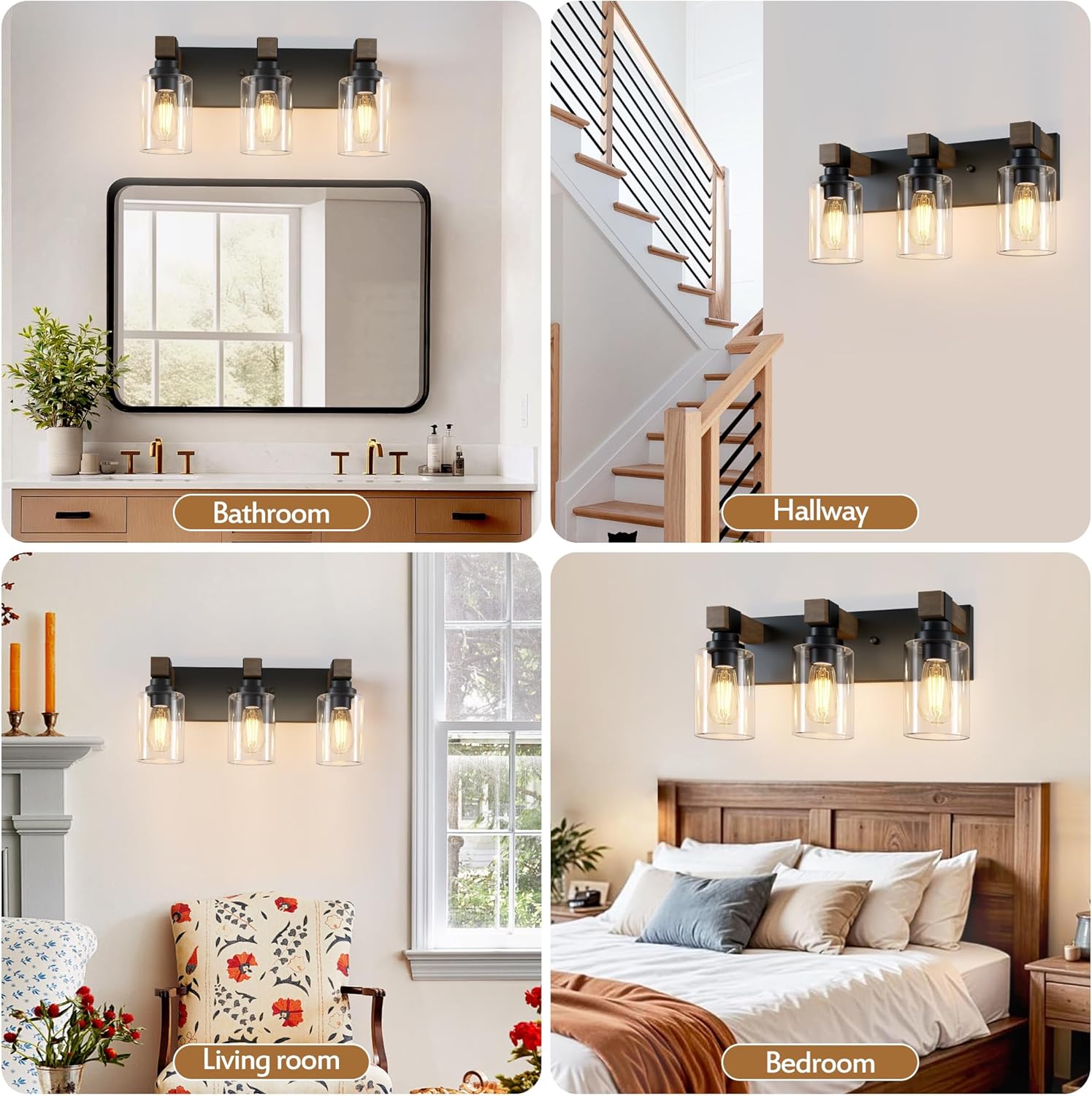 Farmhouse Bathroom Vanity Light Fixtures,Rustic 3-Light Wood Vanity Lights for Bathroom,Vintage Black Wall Sconces Lighting, Light fixtures Over Mirror, with Glass Shade - Image 7