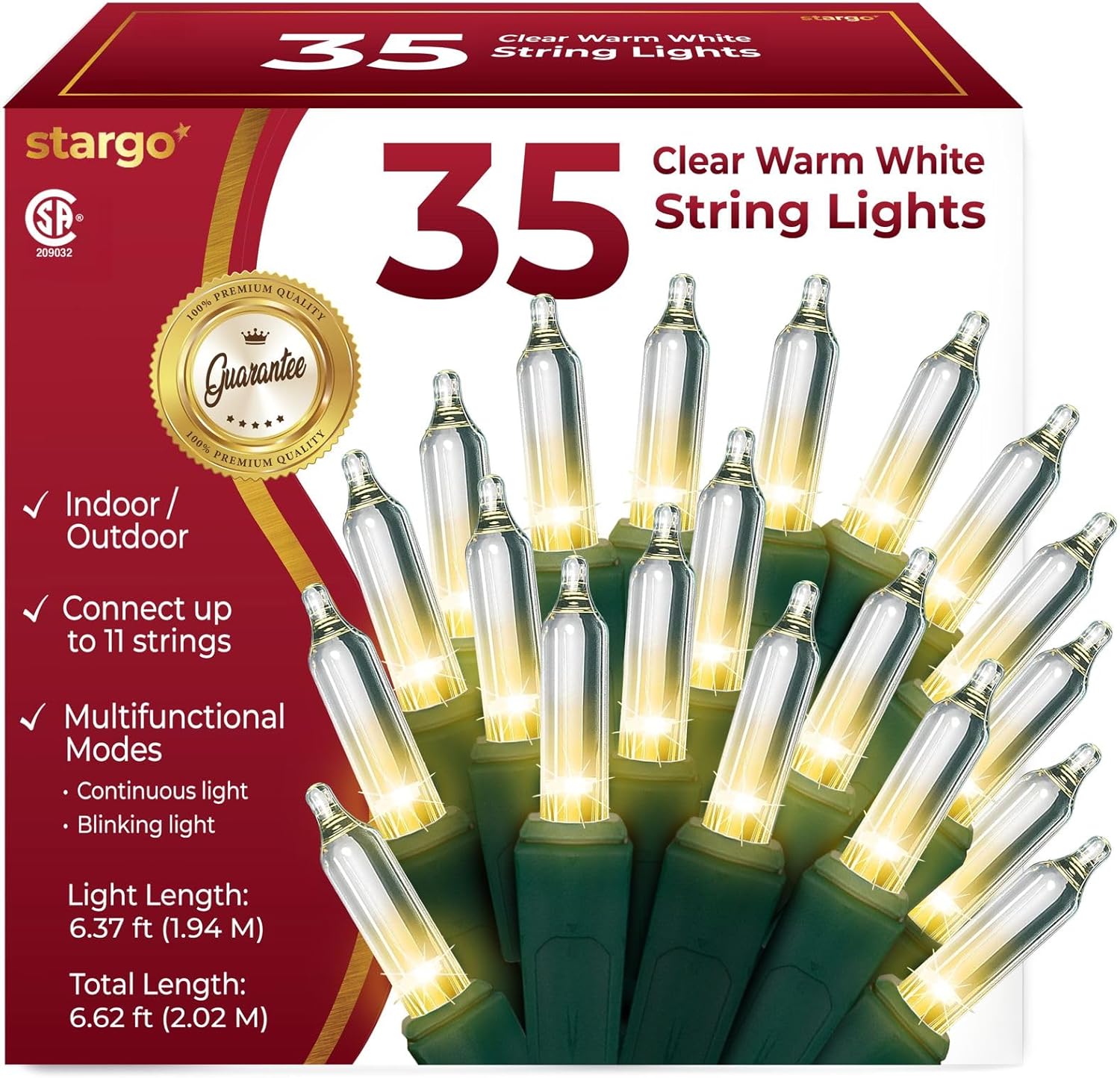 Clear Warm White Christmas Tree Lights – 6.3 ft String of 35 Incandescent Mini Bulbs Multifunctional Lighting Modes, for Decorative, Bedroom, Outdoor, Xmas Twinkle Lights with Green Wire Total 6.6 ft