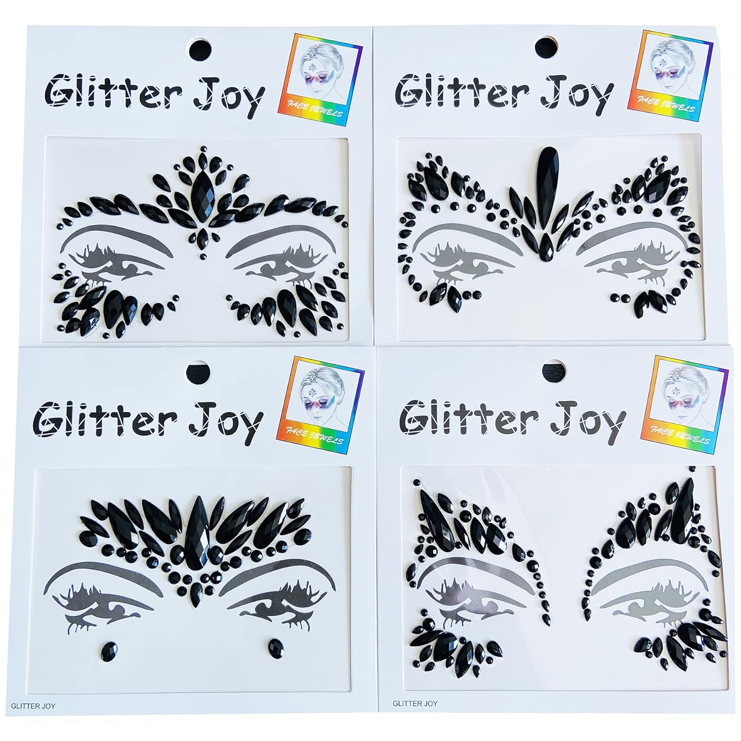 Face Gems Jewels, Festival Face Jewels Tattoo Stickers,Face Gems Stick on, Body Gem Stones Temporary Face Tattoos for Festival,4-Pack, Black - Image 2