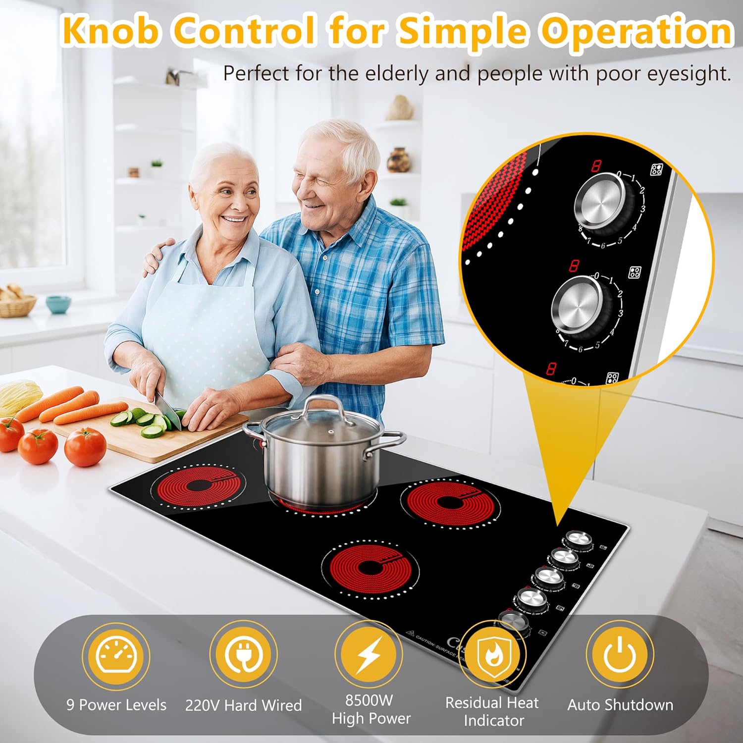 36 Inch Electric Cooktop, 5 Burner Ceramic Stove Top with 9 Power Levels, Knob Control, Auto shutdown and Residual Heat Warning, 8500W, 220-240V for Hard Wire - Image 3