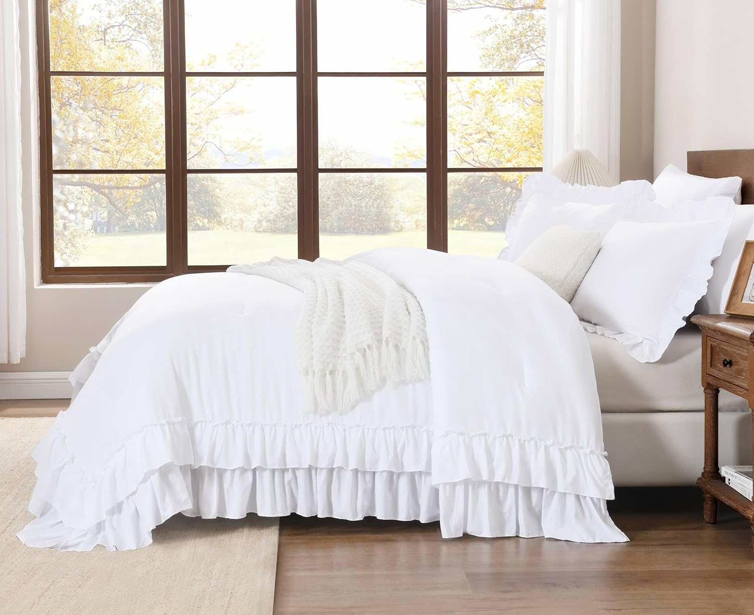 Andency White Ruffle Comforter Full Set, 3pcs Vintage Farmhouse Shabby Chic Bedding Comforter Set, Soft Lightweight Fluffy Bed Comforter Sets All Season Bedding Set - Image 8