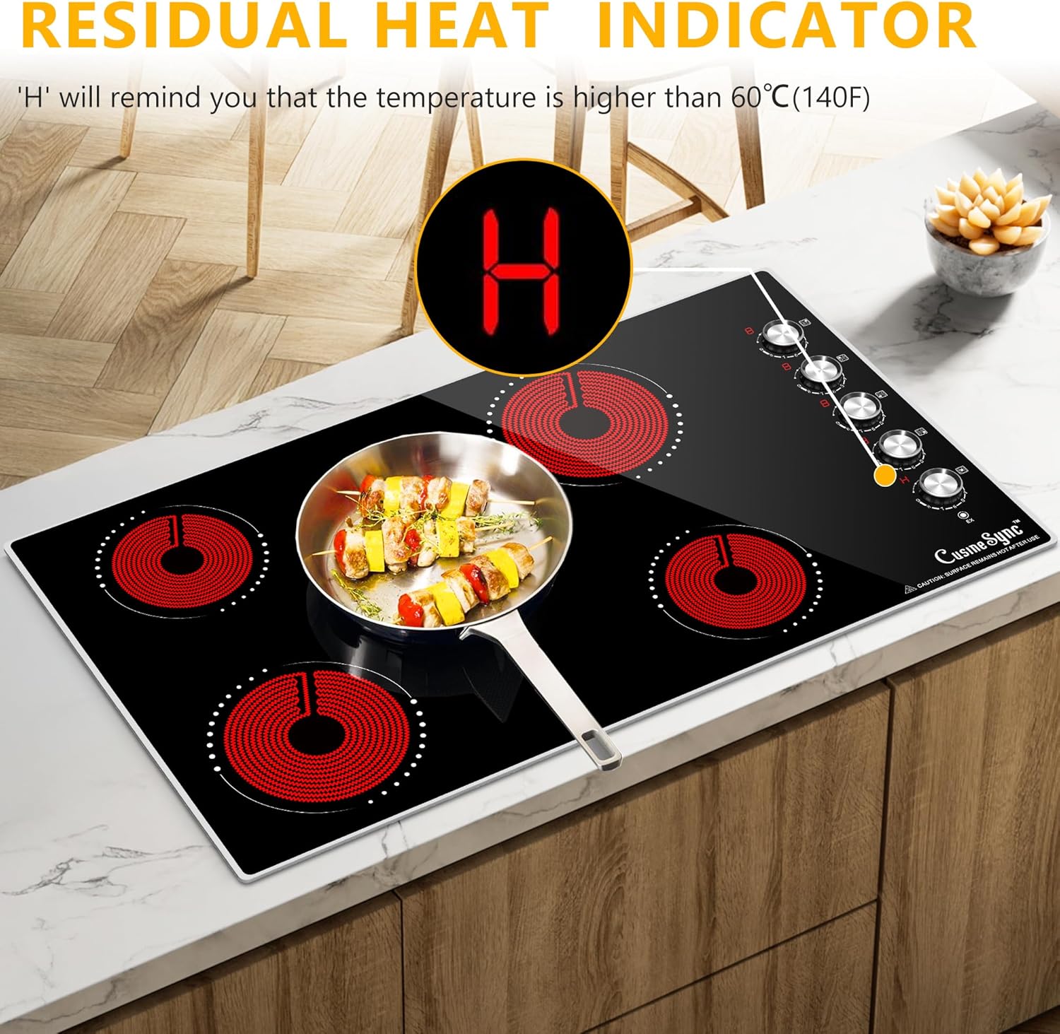 36 Inch Electric Cooktop, 5 Burner Ceramic Stove Top with 9 Power Levels, Knob Control, Auto shutdown and Residual Heat Warning, 8500W, 220-240V for Hard Wire - Image 6