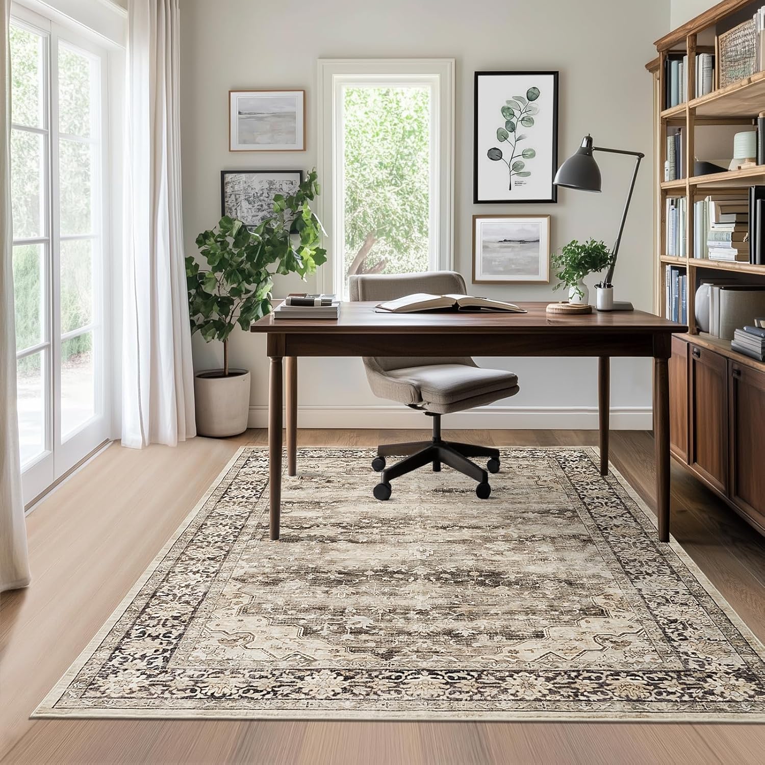 Gray Brown 5x7 Area Rugs for Living Room Washable Low Pile Soft Faux Fur Vintage Boho Carpet Rug Non Slip Sound Absorbing Geometric Floral Rug for Bedroom Office Patio Dining Room Kids Room,Hazel - Image 3