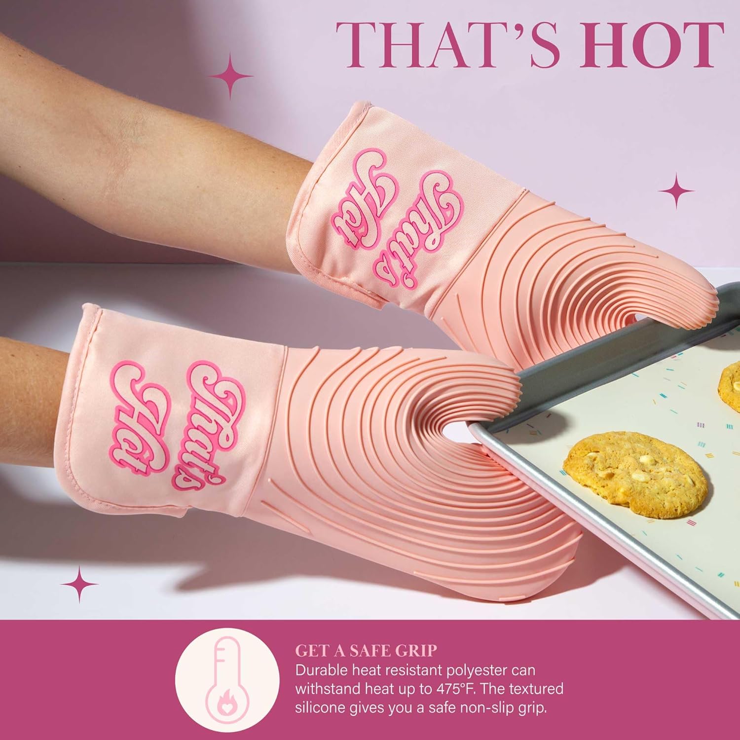 Paris Hilton Oven Mitt Set with Iconic That's HOT Design, Heat Resistant Pot Holders Featuring Non-Slip Textured Silicone Grips, 2-Piece Set, Pink - Image 3