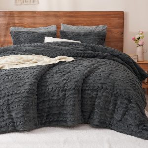 PHF Fluffy Sherpa Fleece Queen Comforter Set, 3 Pieces Warm Fuzzy Soft Bedding for Winter, 3D Tufted Flannel Plush Shaggy Bed Set, 1 Comforter (90"x90") and 2 Pillowcases (20"x26"), Dark Grey