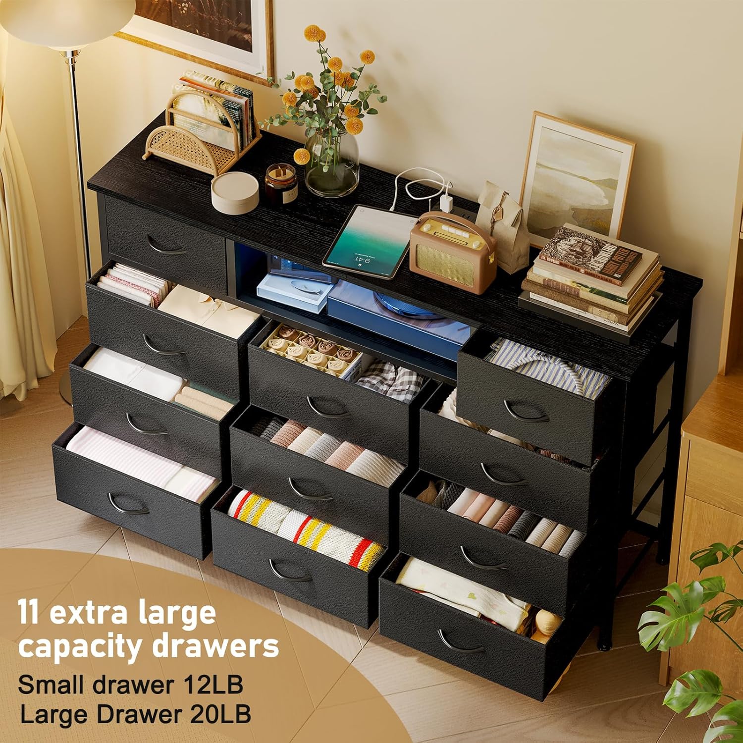 YGEOMER 59in Long Black Dresser for Bedroom TV Stand with Charging Station and LED Lights, Black Dresser with 11 Drawers, Fabric Chest of Drawers with PU Finish for Bedroom, Entryway - Image 5