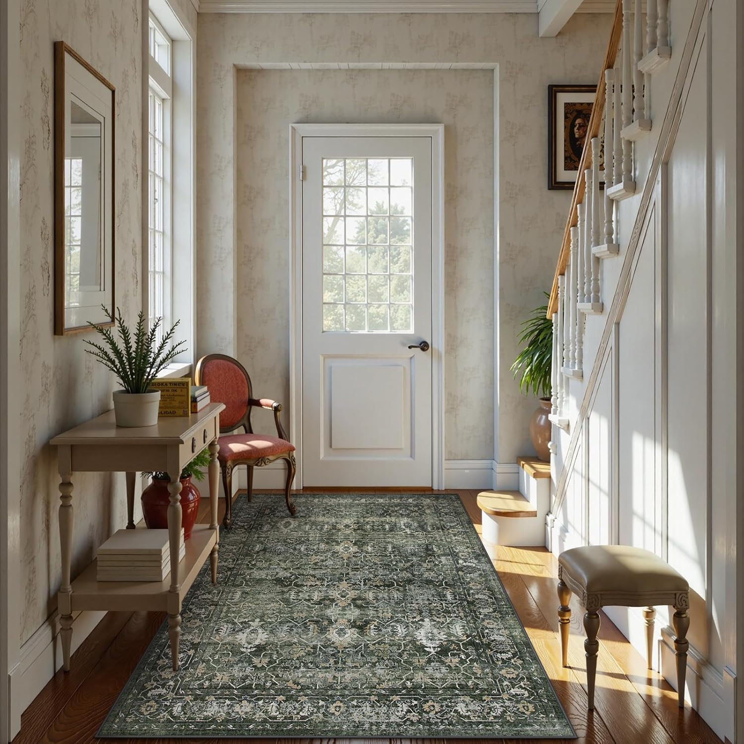 Lahome Washable Area Rugs 5x7 Green Rugs for Living Room,Boho Rug for Bedroom,Dining Room Carpet for Under Table, Distressed Non Slip Low Pile Carpet for Indoor Home Office Nursery(5'x7',Green) - Image 8