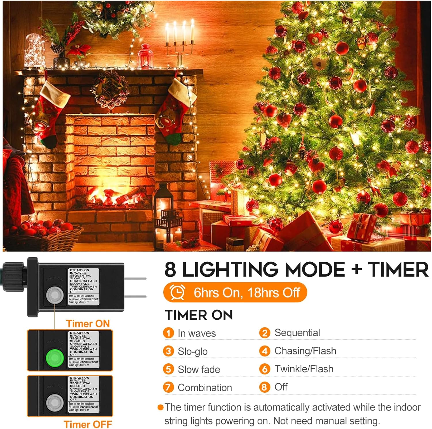 66FT 200 LED Connectable Christmas Tree Lights, End-to-End Plug 8 Modes Indoor Lights with Timer, Outdoor Indoor Fairy Lights Christmas Tree, Patio, Garden, Party, Wedding, Holiday (Warm White) - Image 2
