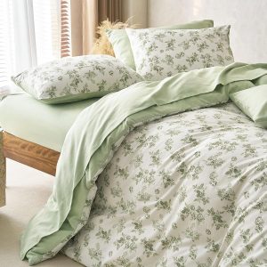 Wake In Cloud - Cottagecore Comforter Set, Floral Vintage Flower Shabby Chic Coquette Aesthetic for Women Teen Girls, Soft Lightweight Dorm Bedding, 3 Pieces, Sage Green, Twin/Twin XL Size