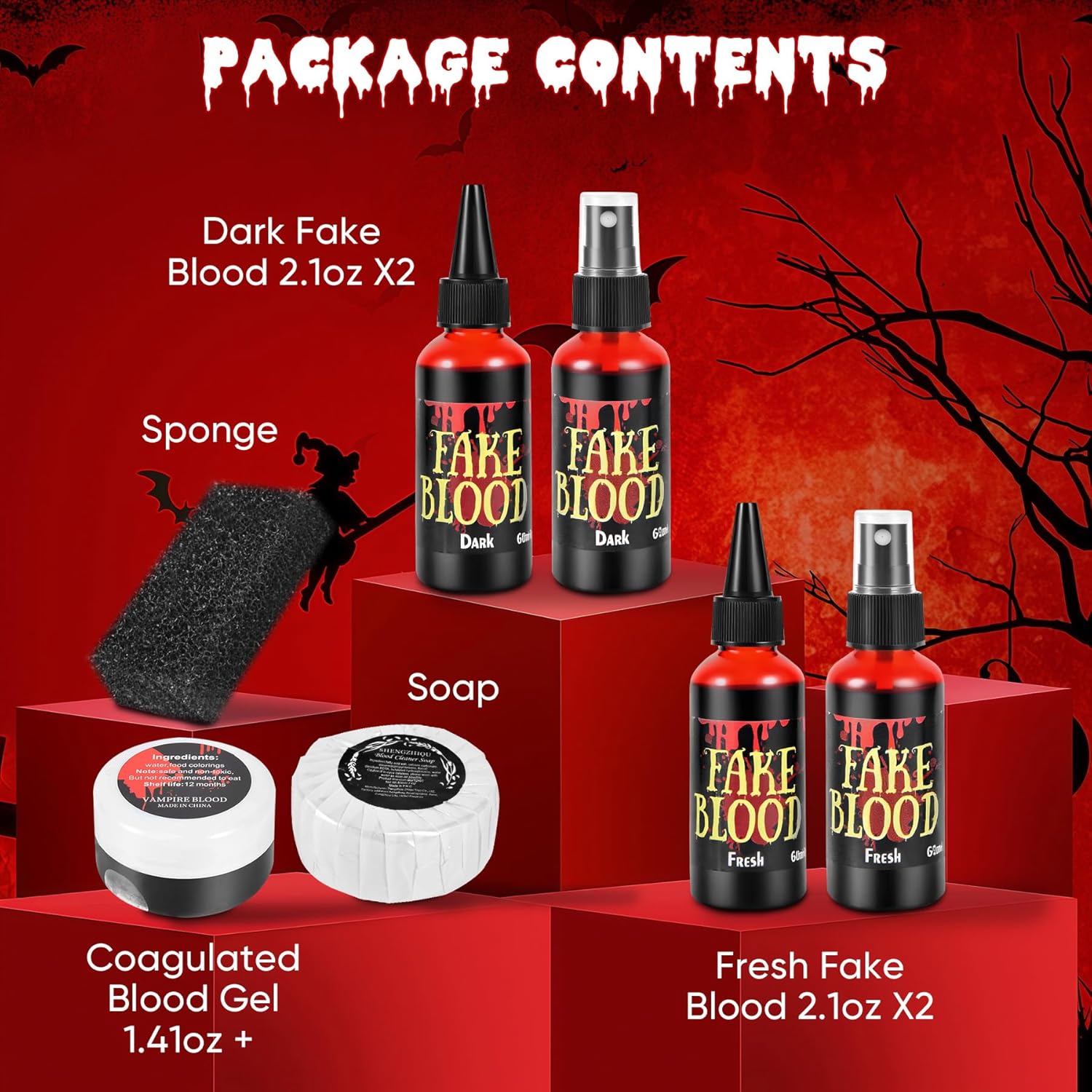 7 PCS Halloween Fake Blood Spray Makeup Kit - Fake Blood 2.1oz X4 + Coagulated Blood Gel 1.41oz + Soap + Sponge, Washable Blood Paint for Clothes SFX Makeup Vampire Accessories, Dark & Fresh - Image 6