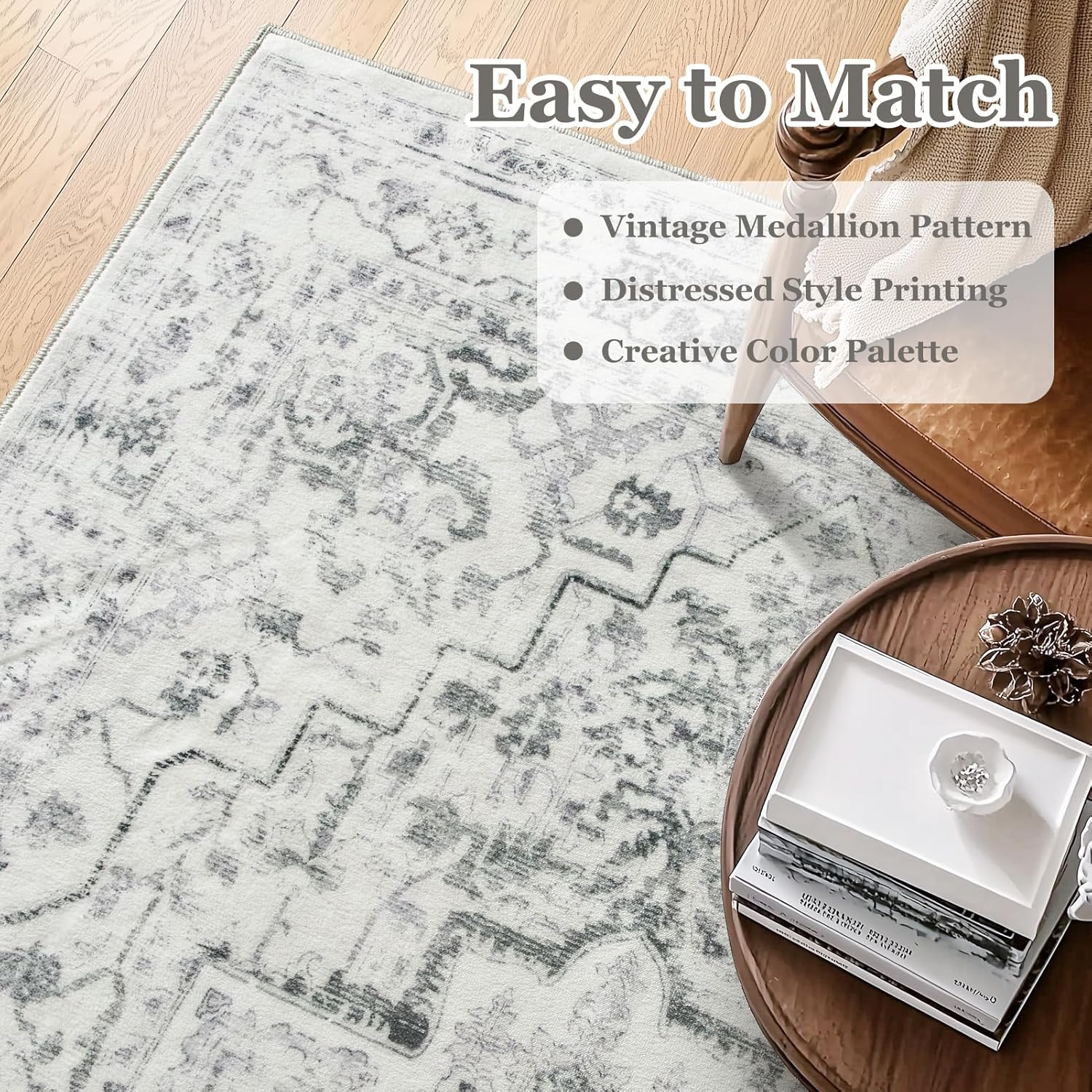 Distressed Farmhouse 5x7 Area Rugs for Living Room Bedroom Non Slip Washable, Medallion Pattern Printed Low Pile Thin Carpet Rugs for Dining Room/Kitchen/Home Office, Off White/Grey - Image 7