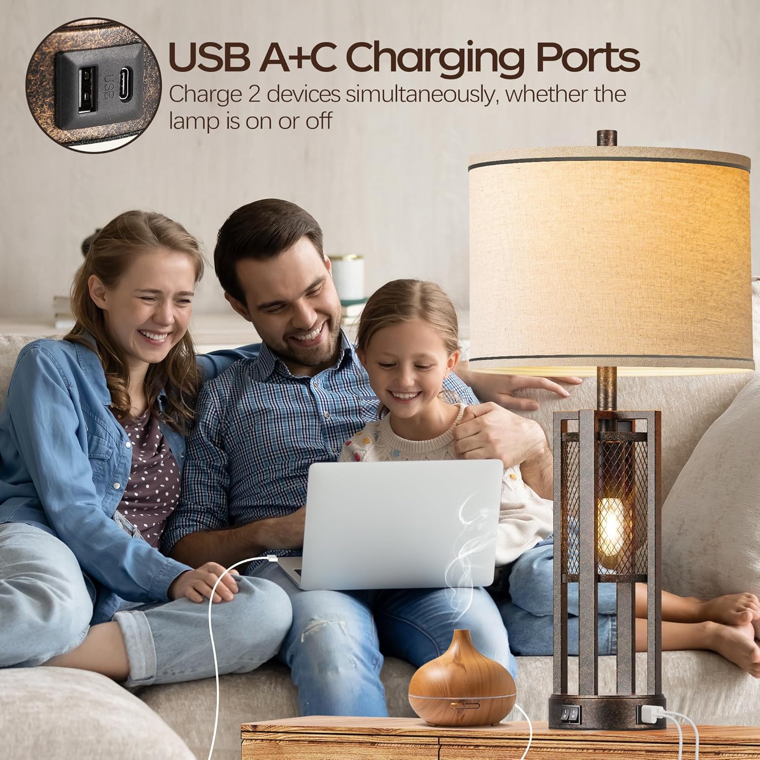 28'' Farmhouse Industrial Table Lamp Set of 2 - Rustic Bedside Nightstand Lamps with Dual USB A+C Ports, Bronze Metal Mesh Nightlight Desk Lamps for Bedroom Living Room, 4 LED Bulbs Included - Image 3