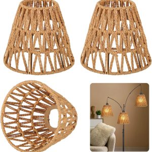 3 PCS E27 Rattan Lamp Shade,Bell Woven Wicker Lampshades Replacement,Paper Rope & Metal Frame,Bohemian Style Light Shade Replacement for Table Lamps,Pendant Lights,Wall Lights