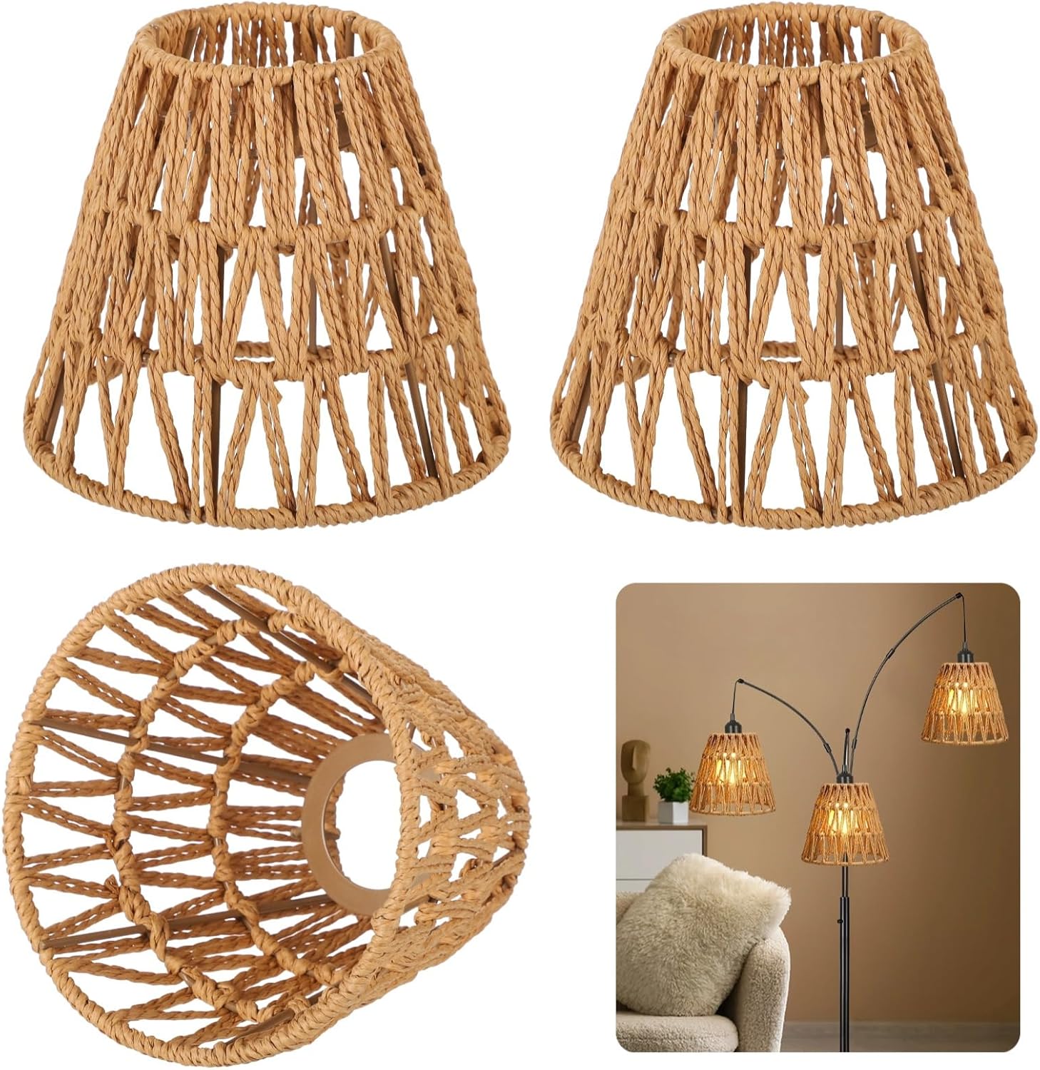 3 PCS E27 Rattan Lamp Shade,Bell Woven Wicker Lampshades Replacement,Paper Rope & Metal Frame,Bohemian Style Light Shade Replacement for Table Lamps,Pendant Lights,Wall Lights
