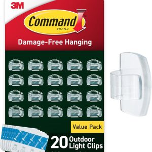 Command Outdoor Light Clips, 20 Clear Clips and 24 Command Strips, Damage-Free Hanging Christmas Decorations with Weather Resistant Strips, Wall Clips for Hanging Outdoor Lights and Cable Management