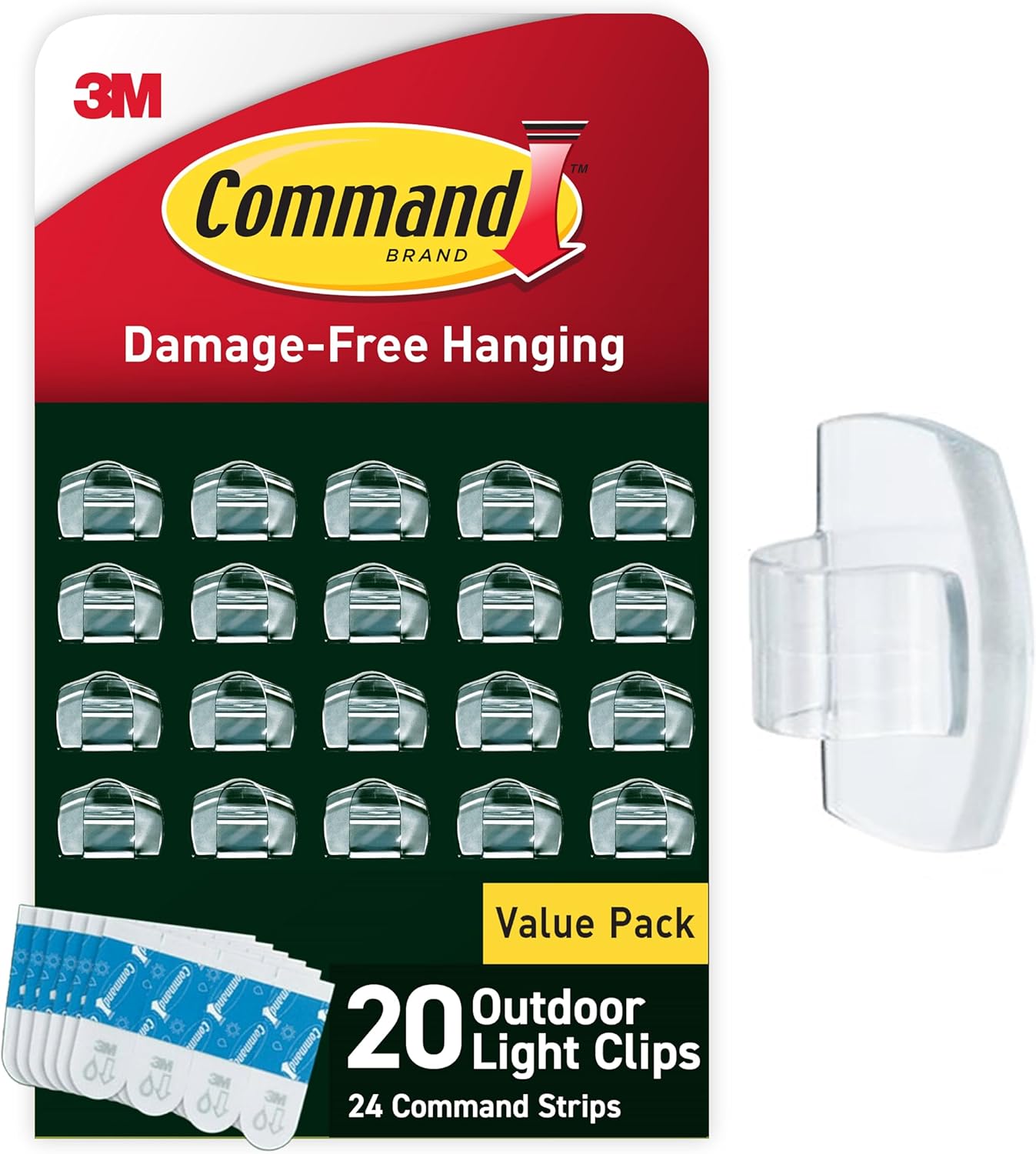 Command Outdoor Light Clips, 20 Clear Clips and 24 Command Strips, Damage-Free Hanging Christmas Decorations with Weather Resistant Strips, Wall Clips for Hanging Outdoor Lights and Cable Management