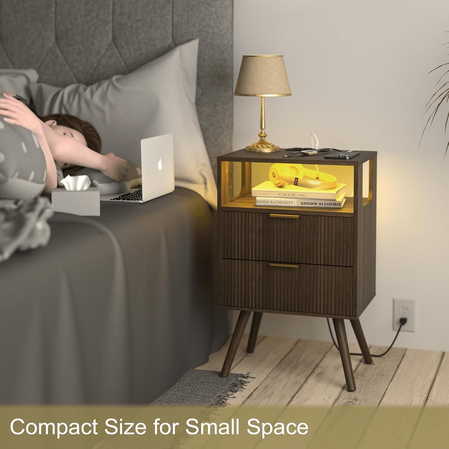 Nightstand with Charging Station and LED Lights,Modern Bedside Table with 2 Storage Drawer and Open Wood Shelf, for Bedroom and Small Spaces,Night Stand with Solid Wood Legs,Walnut Brown - Image 4