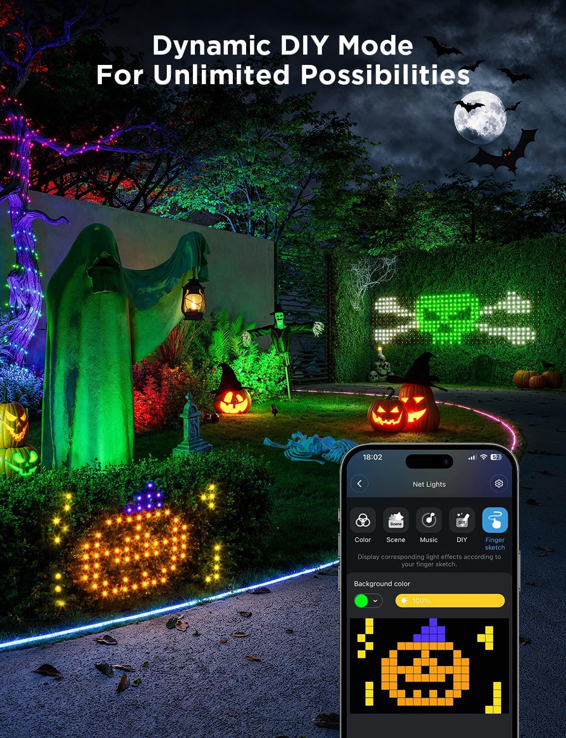 Govee Outdoor Net Lights, 2.8*4.7ft with RGBIC and DIY Functions, 240 LEDs Smart Net Lights with 64 Modes for Bush Patio Decor, Compatible with Alexa & Google Assistant, Outdoor Waterproof, Green Wire - Image 2