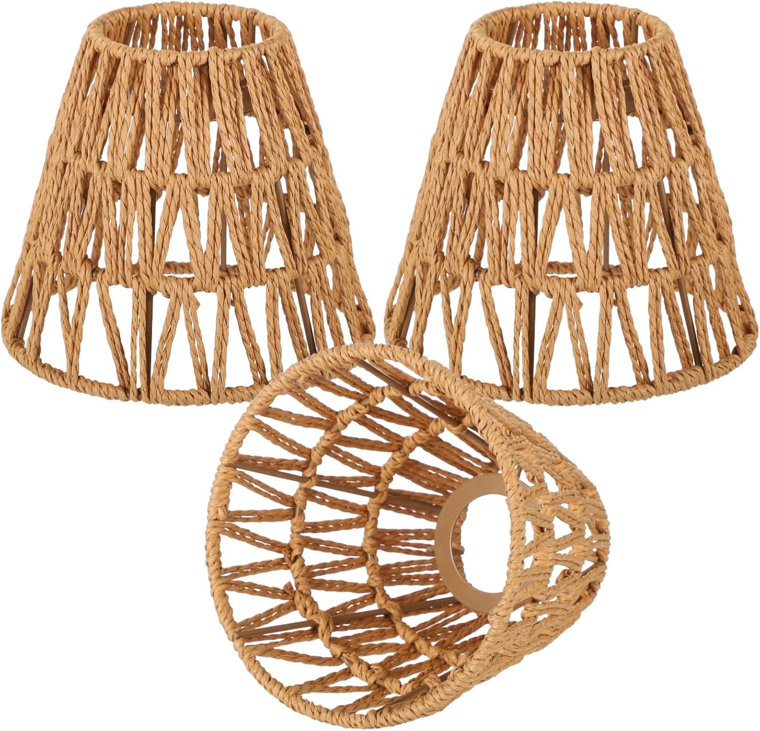 3 PCS E27 Rattan Lamp Shade,Bell Woven Wicker Lampshades Replacement,Paper Rope & Metal Frame,Bohemian Style Light Shade Replacement for Table Lamps,Pendant Lights,Wall Lights - Image 2