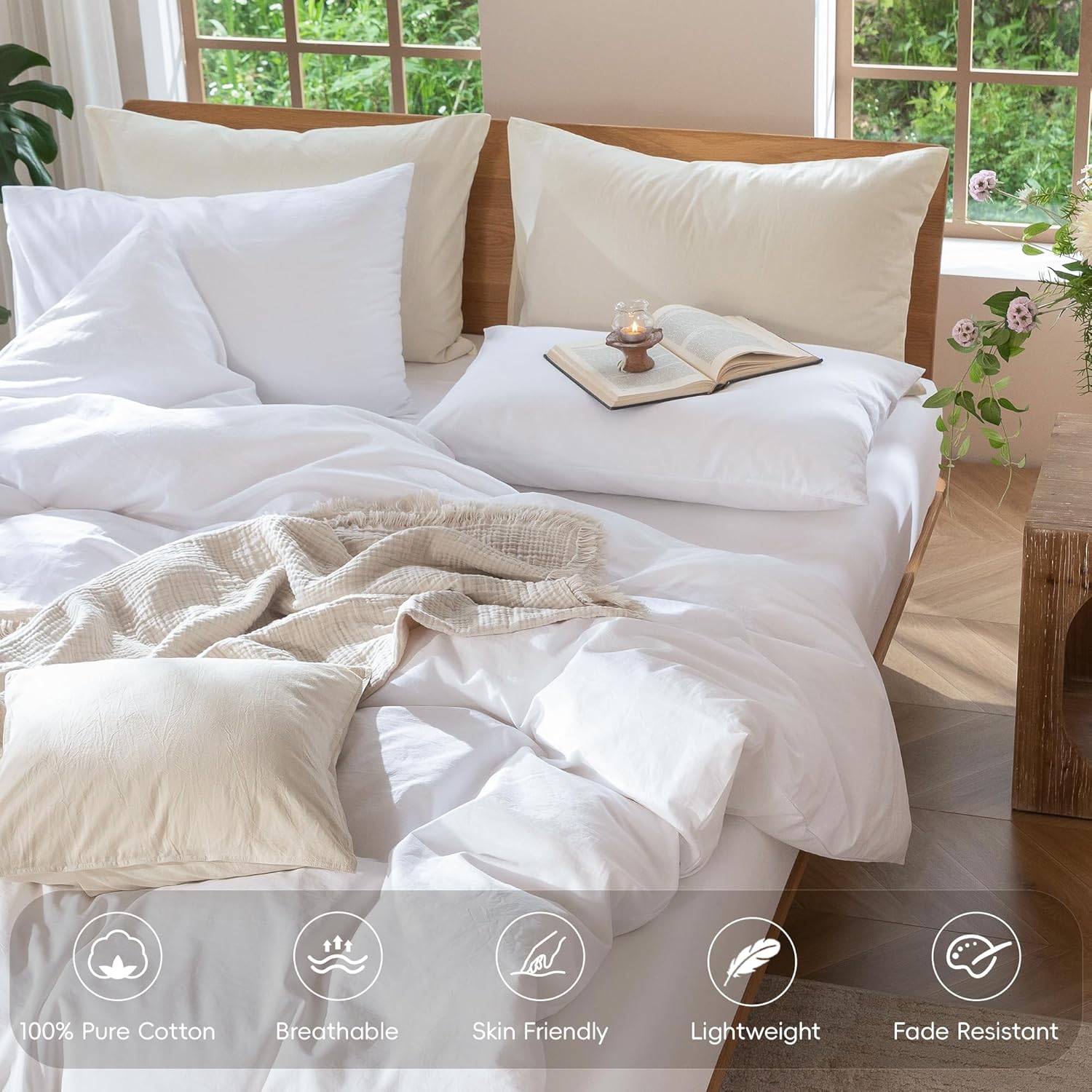 MooMee Bedding Duvet Cover Set 100% Washed Cotton Linen Like Textured Breathable Durable Soft Comfy (Solid Bright White, King 104"x90") - Image 4