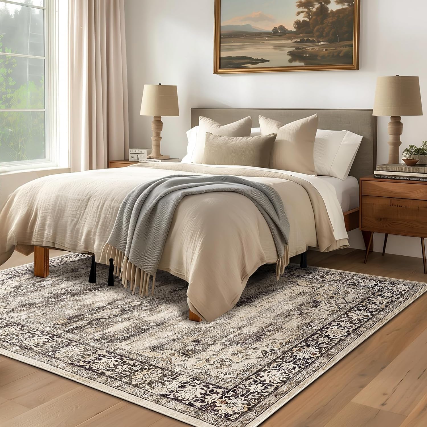 Gray Brown 5x7 Area Rugs for Living Room Washable Low Pile Soft Faux Fur Vintage Boho Carpet Rug Non Slip Sound Absorbing Geometric Floral Rug for Bedroom Office Patio Dining Room Kids Room,Hazel - Image 4