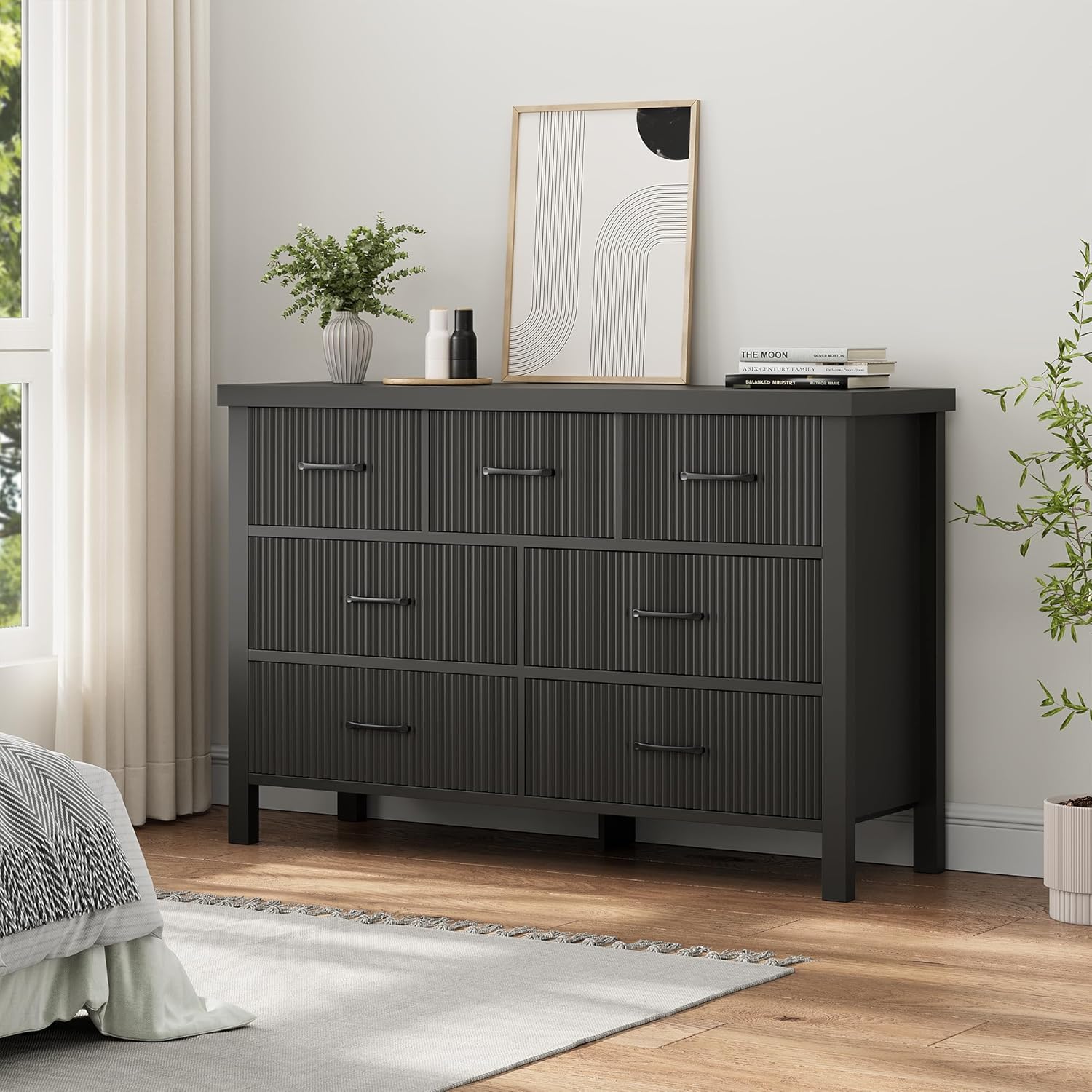 Fluted 7 Drawers Dresser for Bedroom, Modern Chest of Drawers with Metal Handle, Wood Dresser TV Stand, Wooden Closet Clothes Storage Organizer for Living Room, Hallway (Black) - Image 7