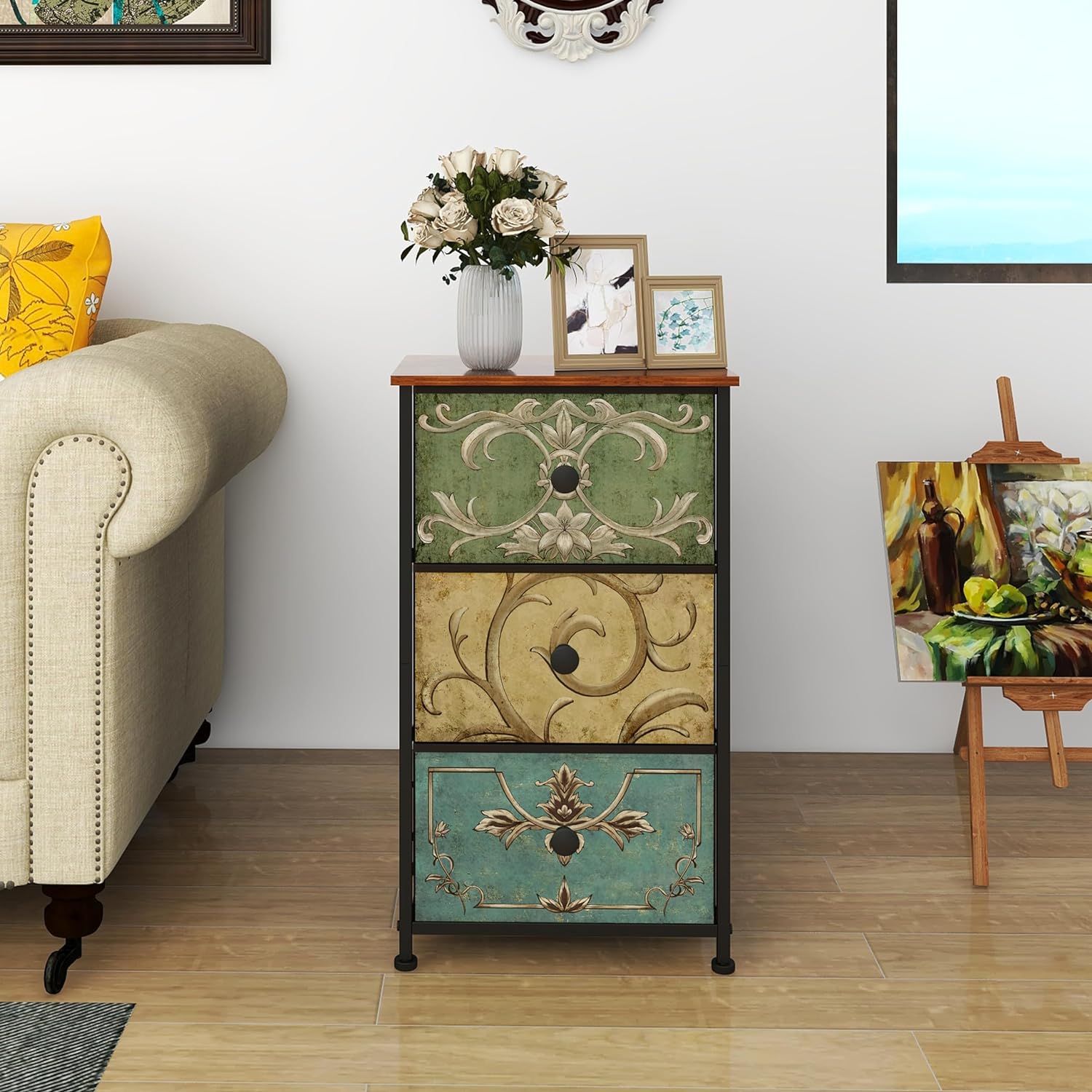 Tohomeor Small Dresser for Bedroom with Retro Flower Narrow Drawers Slim Chest of Drawers Skinny Nightstand Sofa End Table for Living Room Entryway Closet Storage (Multi, 3 Drawers) - Image 2