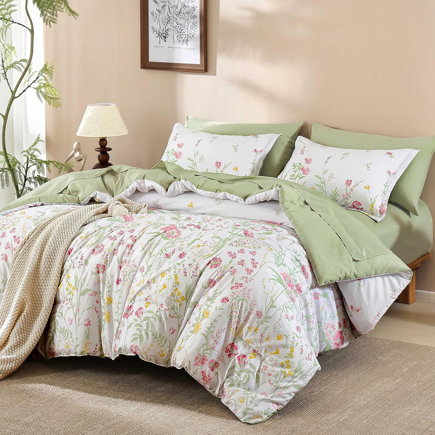 Yiran 7 Piece Pink Green Floral Comforter Set Queen Size, Cute Watercolour Botanical Comforter Bedding Set, Bed in a Bag Queen, Soft Microfiber Complete Bedding Set with Sheets for All Season