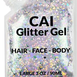 Face, Body & Hair Glitter Gel – Halloween Glitter for Kids and Women – 3 Oz Cosmetic-Grade Gel w/Moon & Stars for Festivals & Halloween Party, Easy Apply & Wash Off - Silver 1Pack