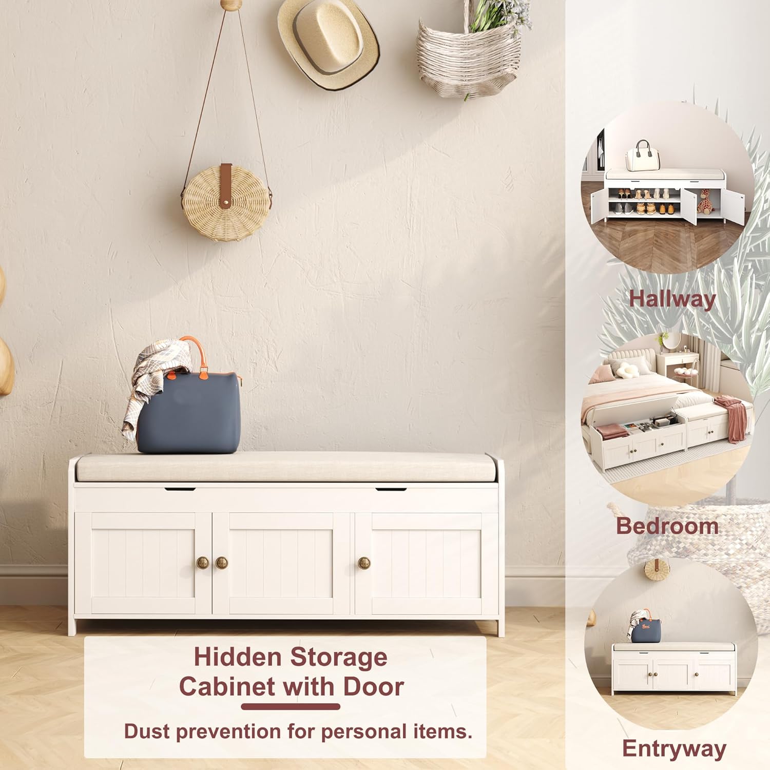 HOMEFORT 41.3" Shoe Bench with Lift Top Storage, Entryway Bench with Cushioned Seat, Wooden End of Bed Bench, Shoe Cabinet Bench with Hidden Storage Space, for Bedroom, Hallway,White - Image 8