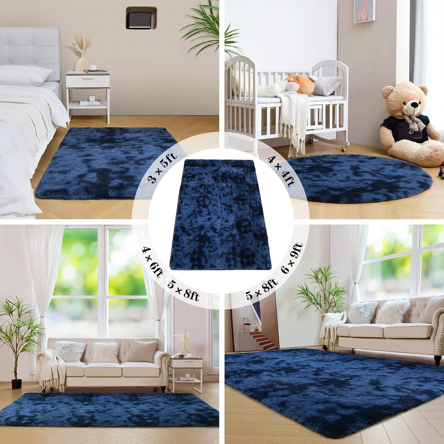 duduta Navy Blue Fluffy Bedroom Rug 3x5 ft, Tie-Dye Shag Plush Area Rug for Nursery Playroom Dorm Living Room Decor - Image 6