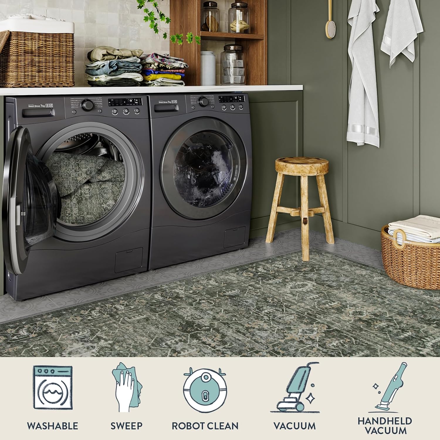 Lahome Washable Area Rugs 5x7 Green Rugs for Living Room,Boho Rug for Bedroom,Dining Room Carpet for Under Table, Distressed Non Slip Low Pile Carpet for Indoor Home Office Nursery(5'x7',Green) - Image 4