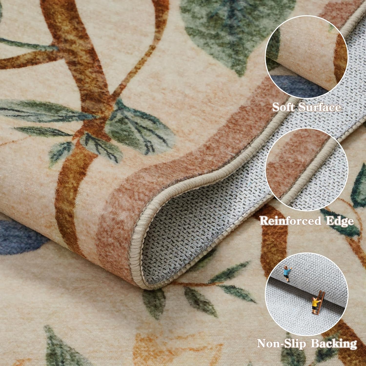 Collive Washable Area Rugs for Living Room, Beige 5x7 Bedroom Rug, Floral Forest Botanical Flourishing Vines Soft Non-Slip Stain Resistant Boho Carpet for Dining Room Office - Image 4